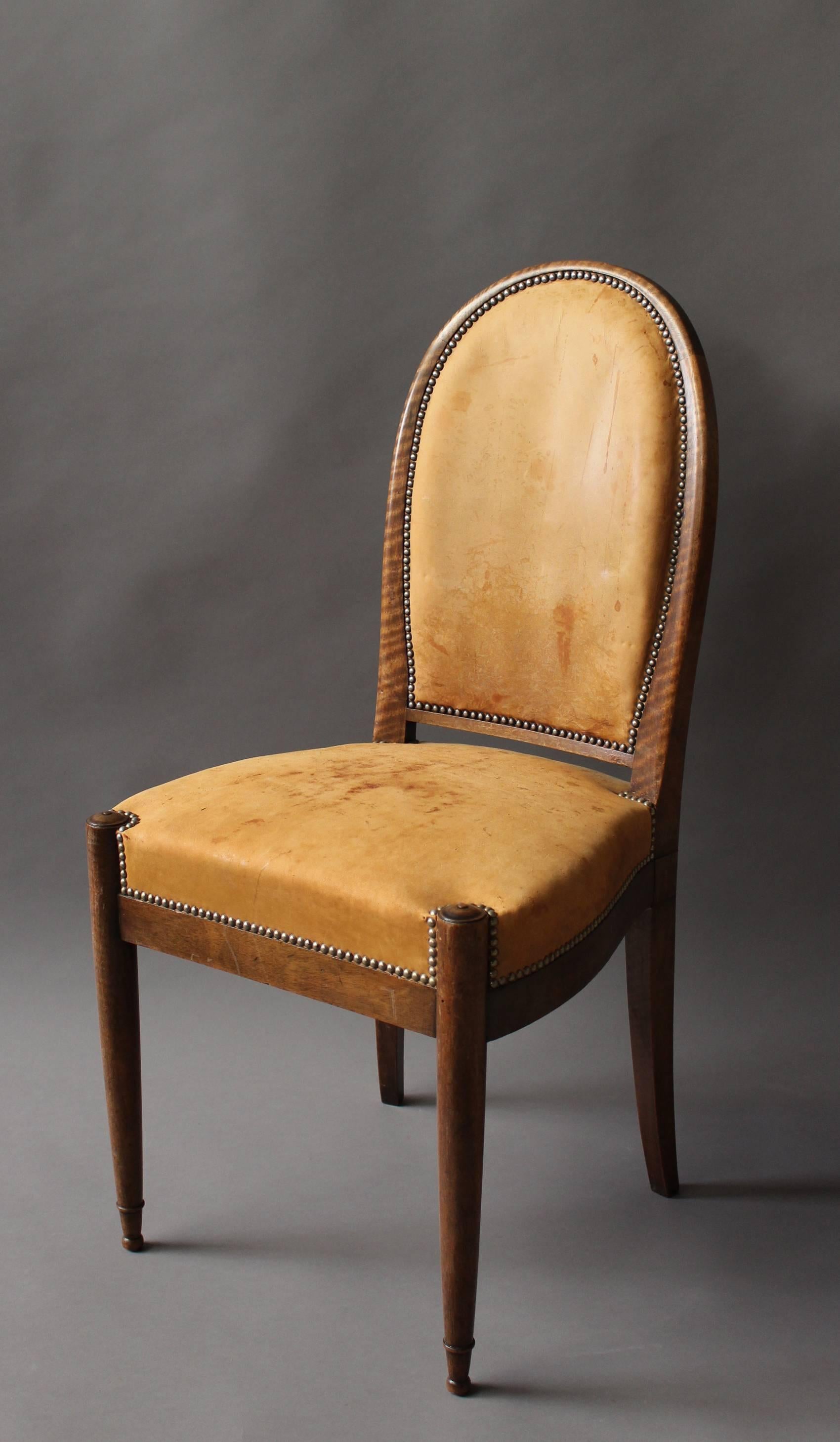Early 20th Century Set of 6 Fine French Art Deco Walnut Dining / Side Chairs