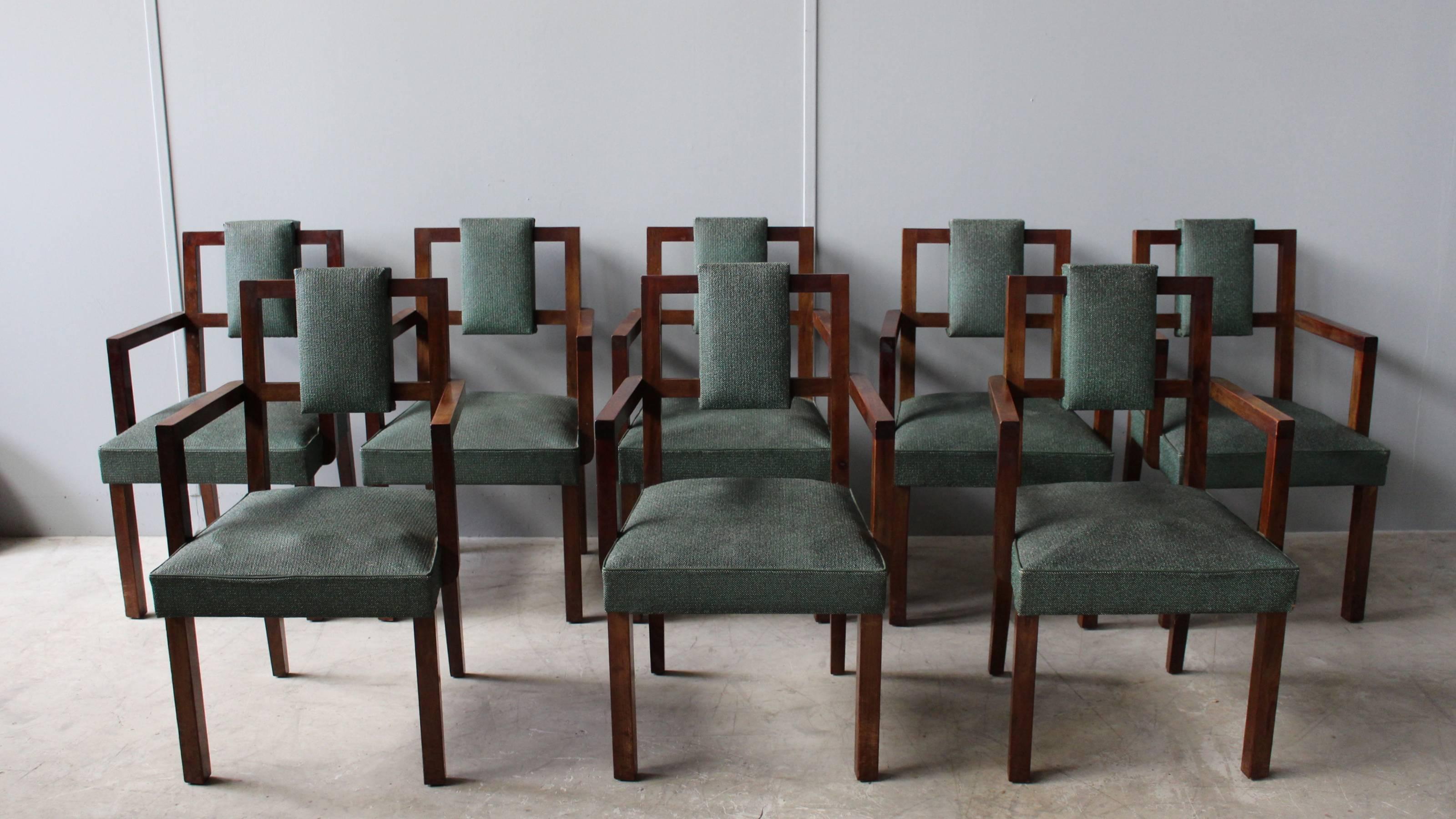 A set of eight fine French Art Deco geometric mahogany bridge armchairs.