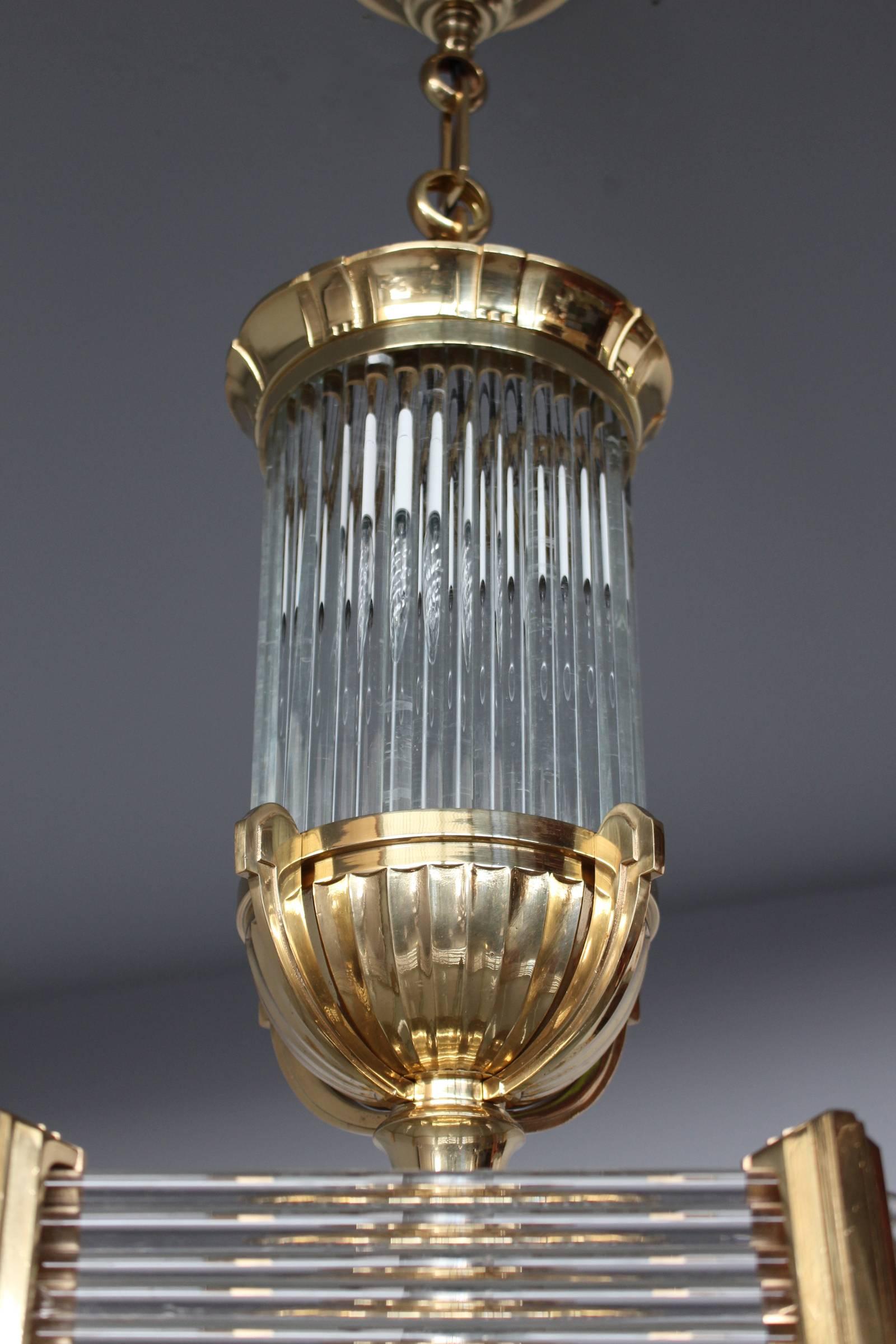 A Fine French Art Deco Octagonal Bronze and Glass Chandelier by Petitot For Sale 2
