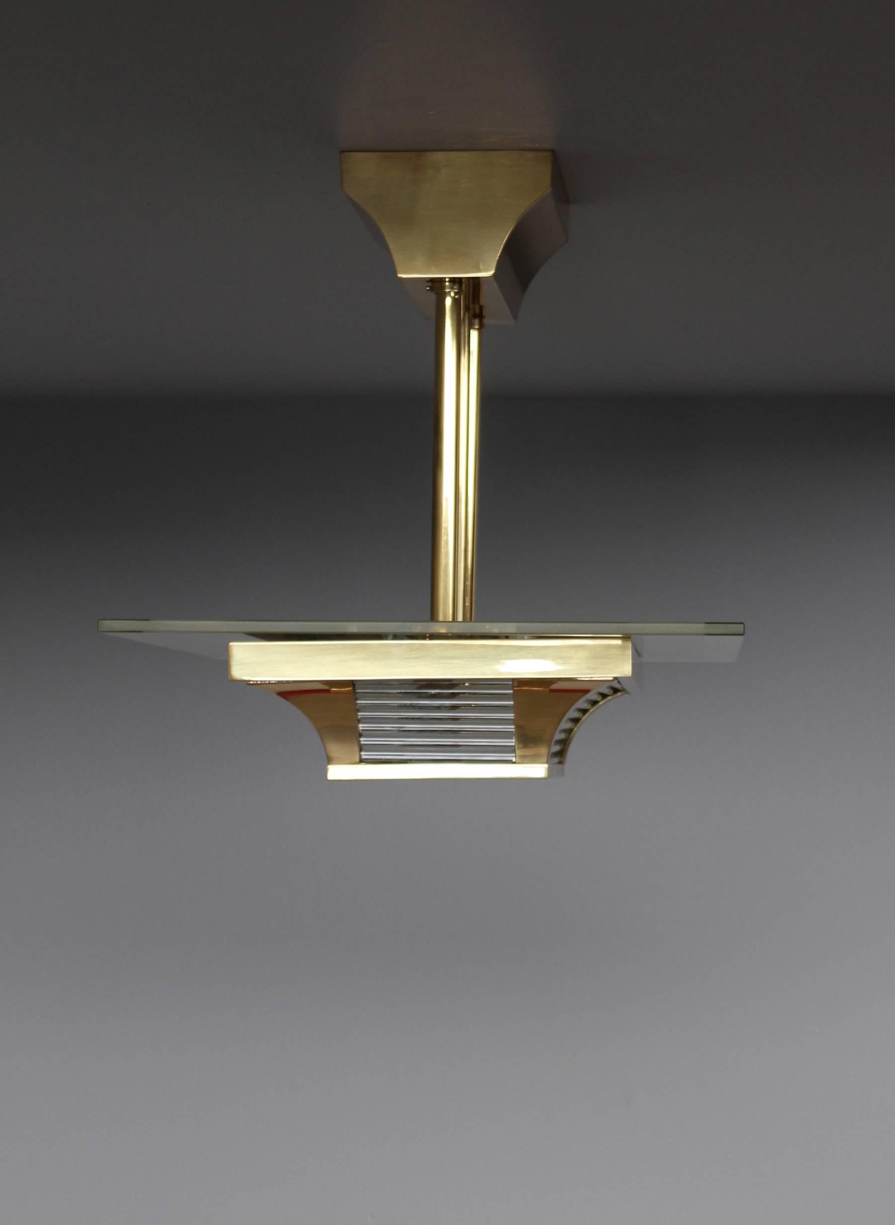 Mid-20th Century A Fine French Art Deco Brass and Glass Chandelier by Petitot