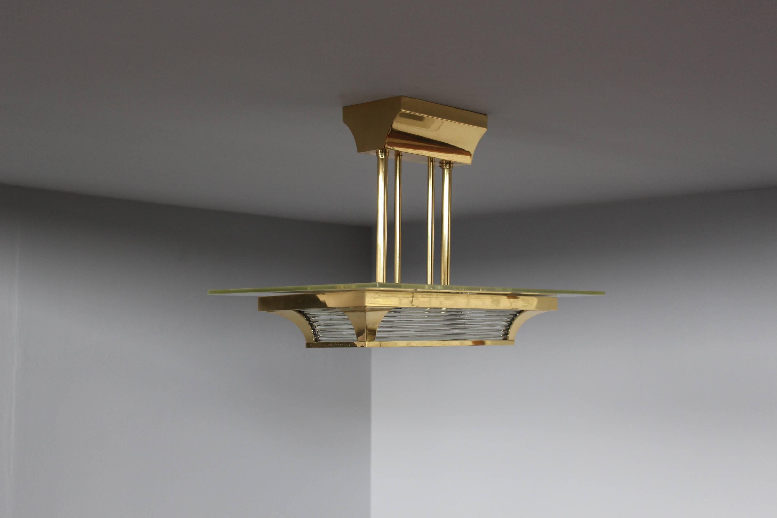 A Fine French Art Deco Brass and Glass Chandelier by Petitot 5