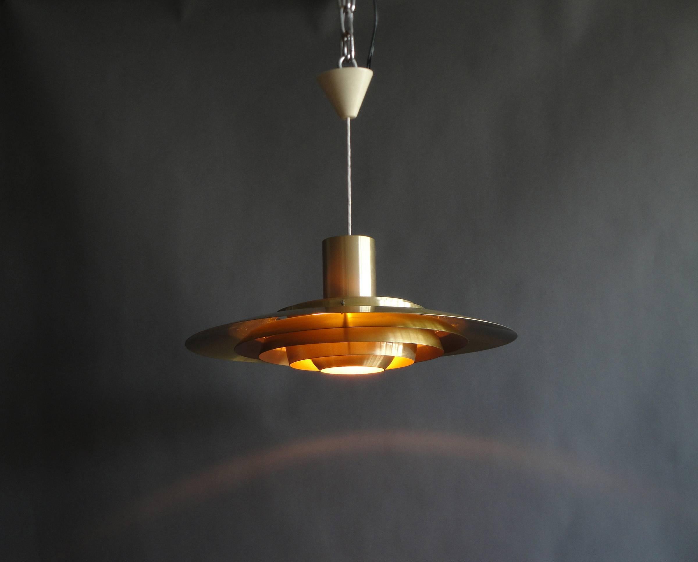 Danish 1960s brass pendant light designed by Preben Fabricius and Jorgen Kastholm. Height of the brass part is 9