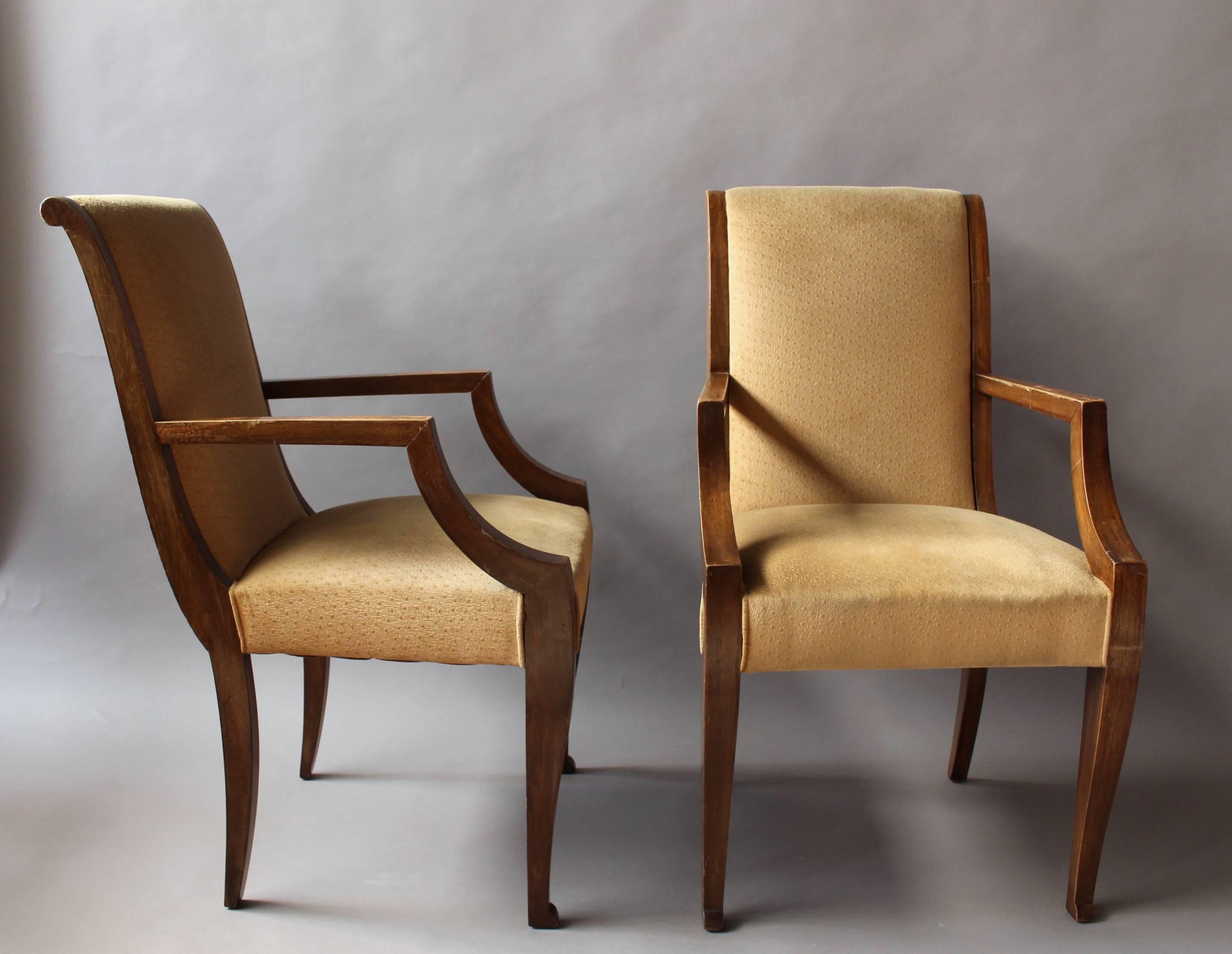 Four Fine French Art Deco Neoclassical walnut bridge armchairs.
Price is chair.