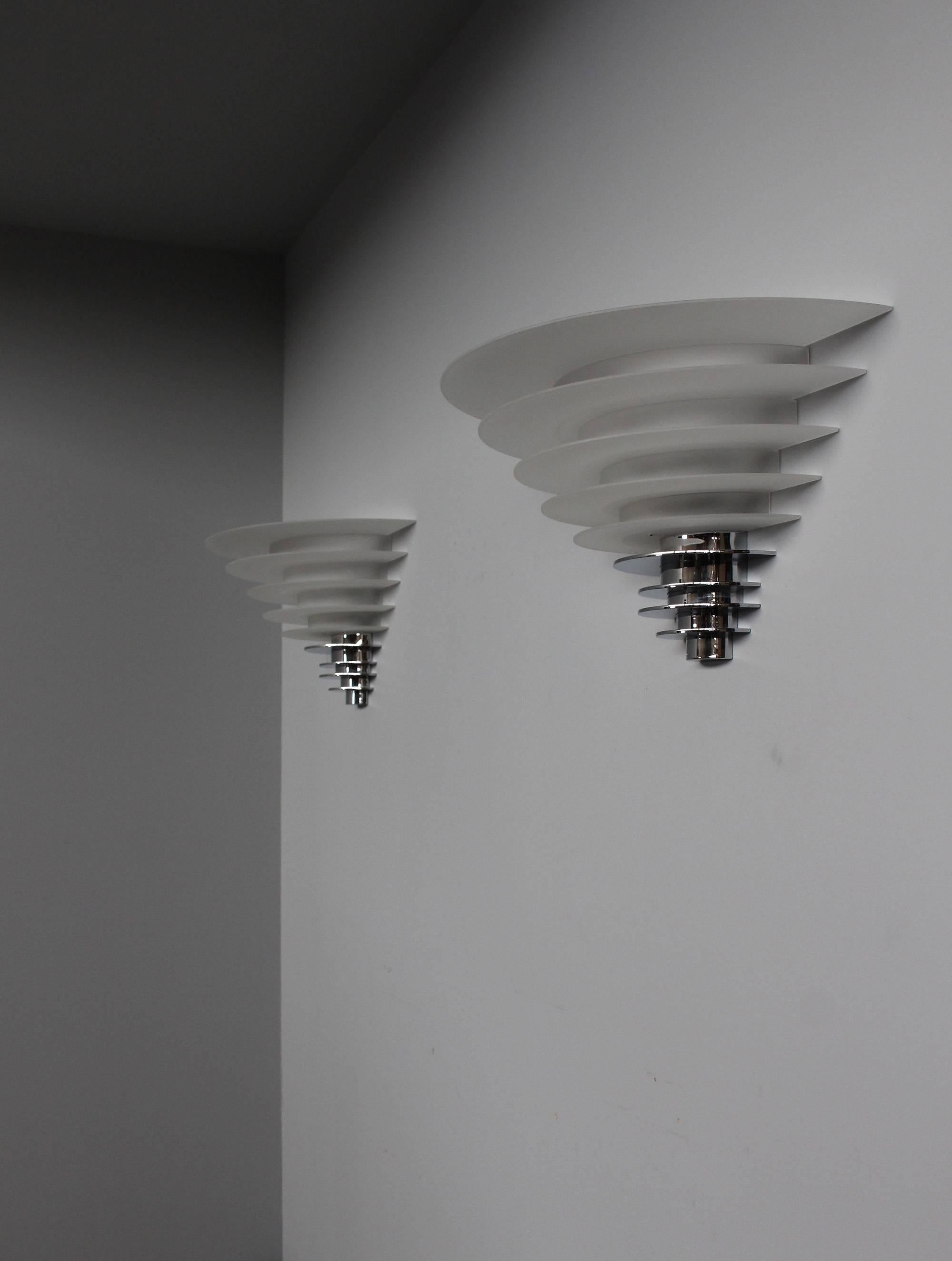 Frosted A Pair of Fine French Art Deco Chrome and Glass Wall Lights by Jean Perzel For Sale