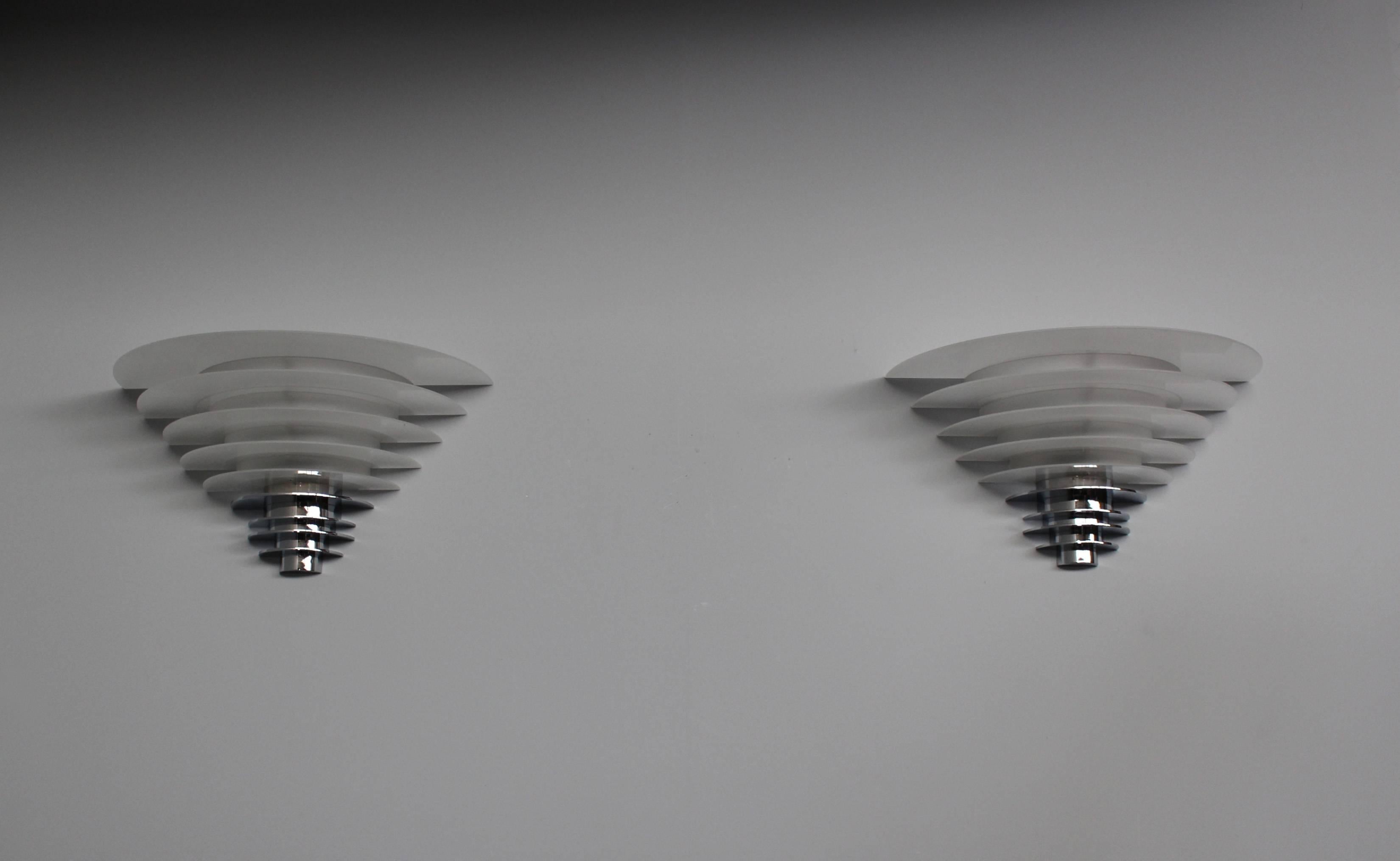 A Pair of Fine French Art Deco Chrome and Glass Wall Lights by Jean Perzel For Sale 5