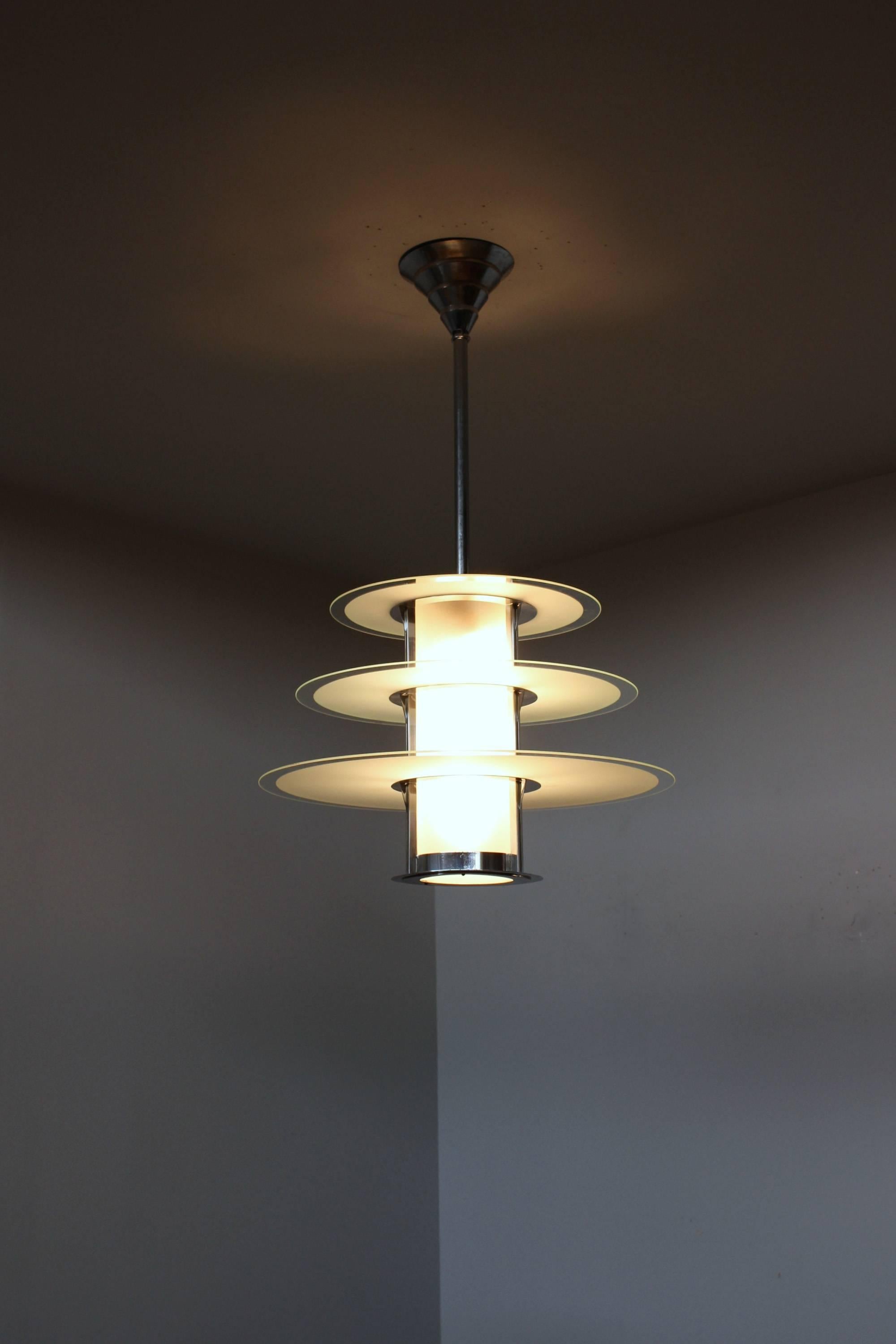 A Fine French 1930's Chrome and Glass Modernist Chandelier by Genet et Michon 4