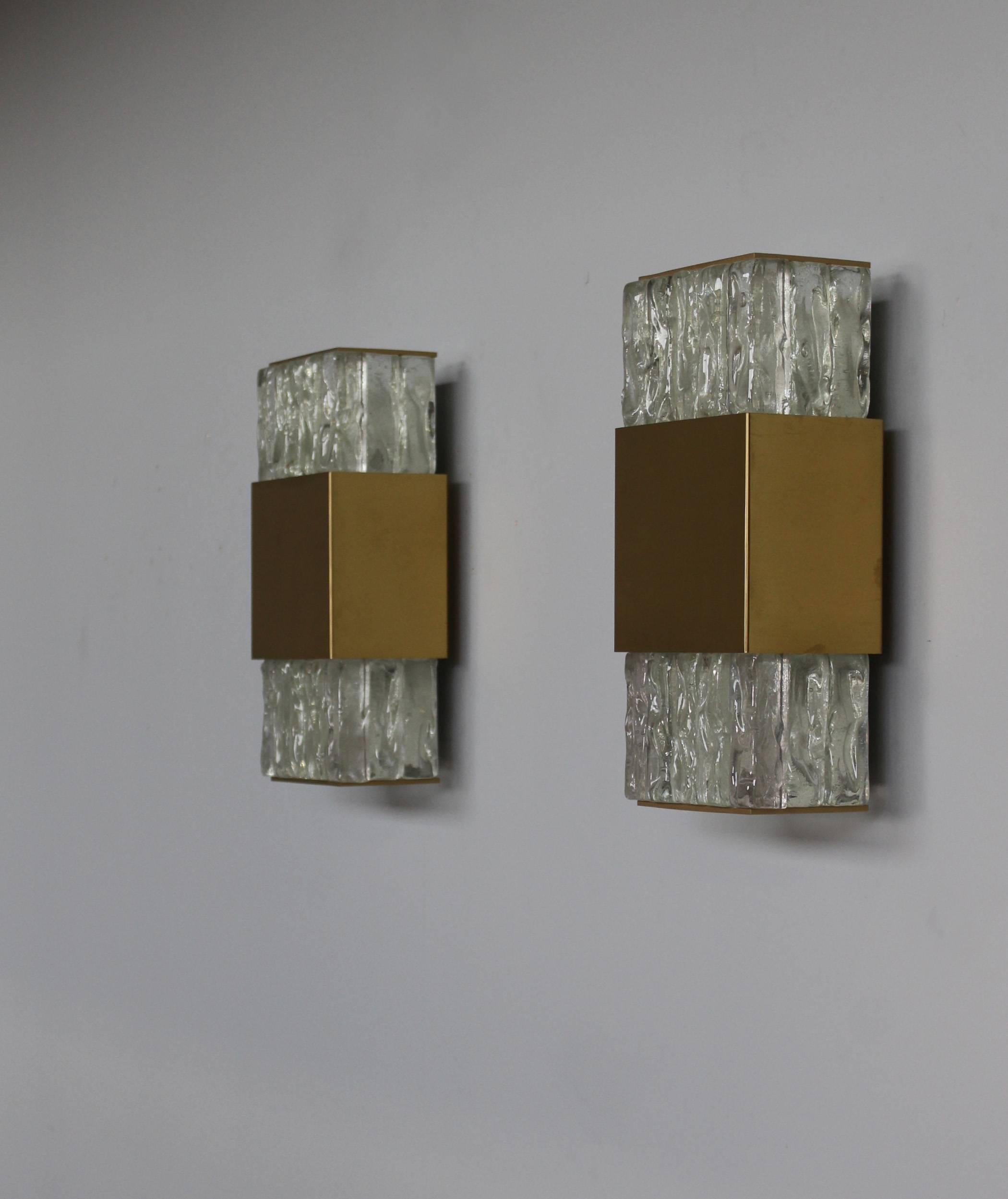 Plated 2 Fine French Art Deco Bronze and Glass Slabs Sconces by Perzel For Sale