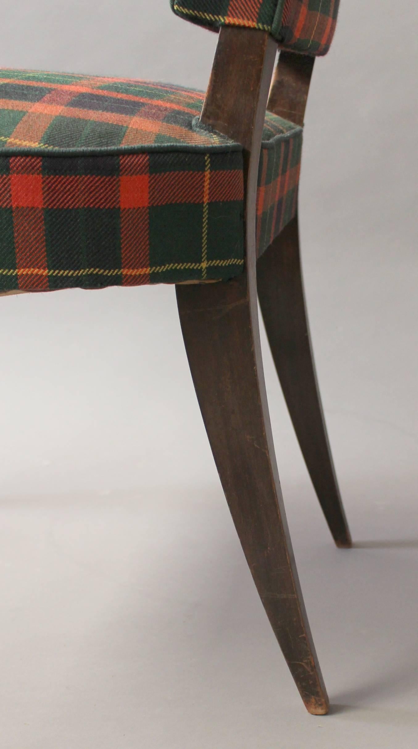 A French Art Deco beech Wood Bridge Armchair with a Tartan Fabric For Sale 1