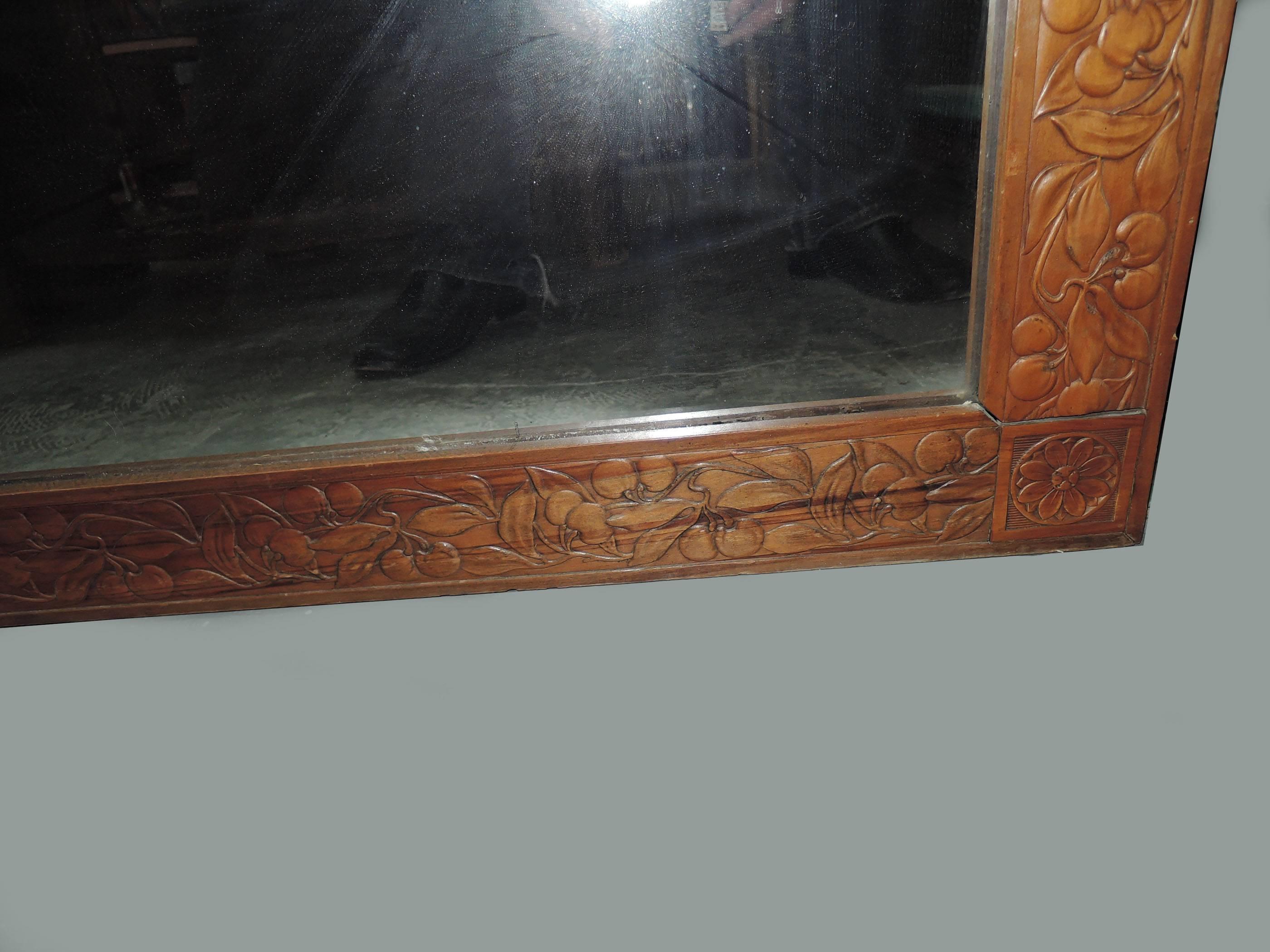 Pearwood A Large French Art Deco Floral Embossed Pear wood Framed Mirror