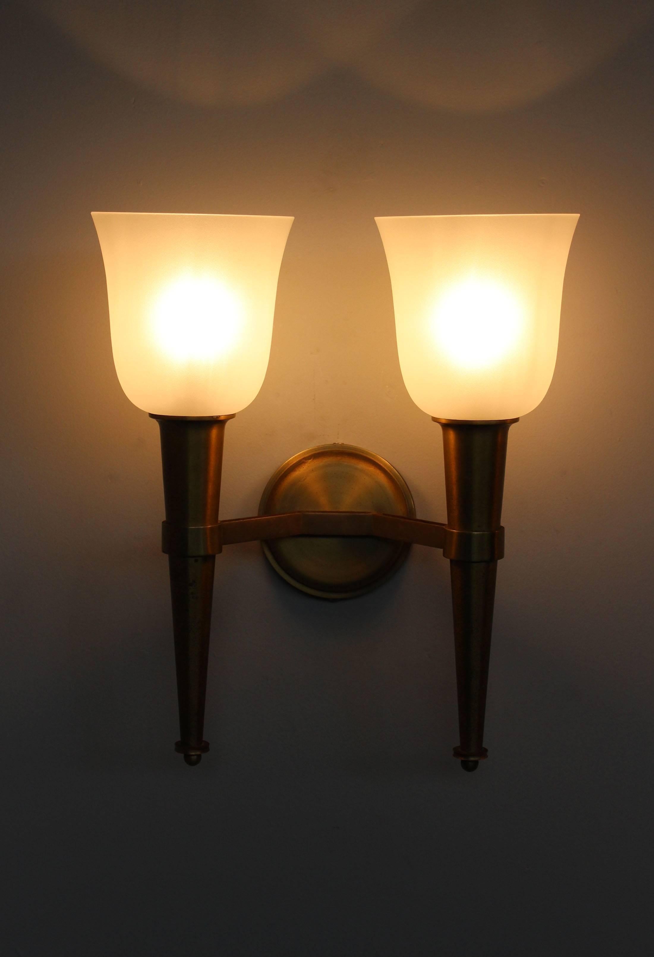 Mid-20th Century Pair of French Art Deco Double Torchere Sconces by Perzel