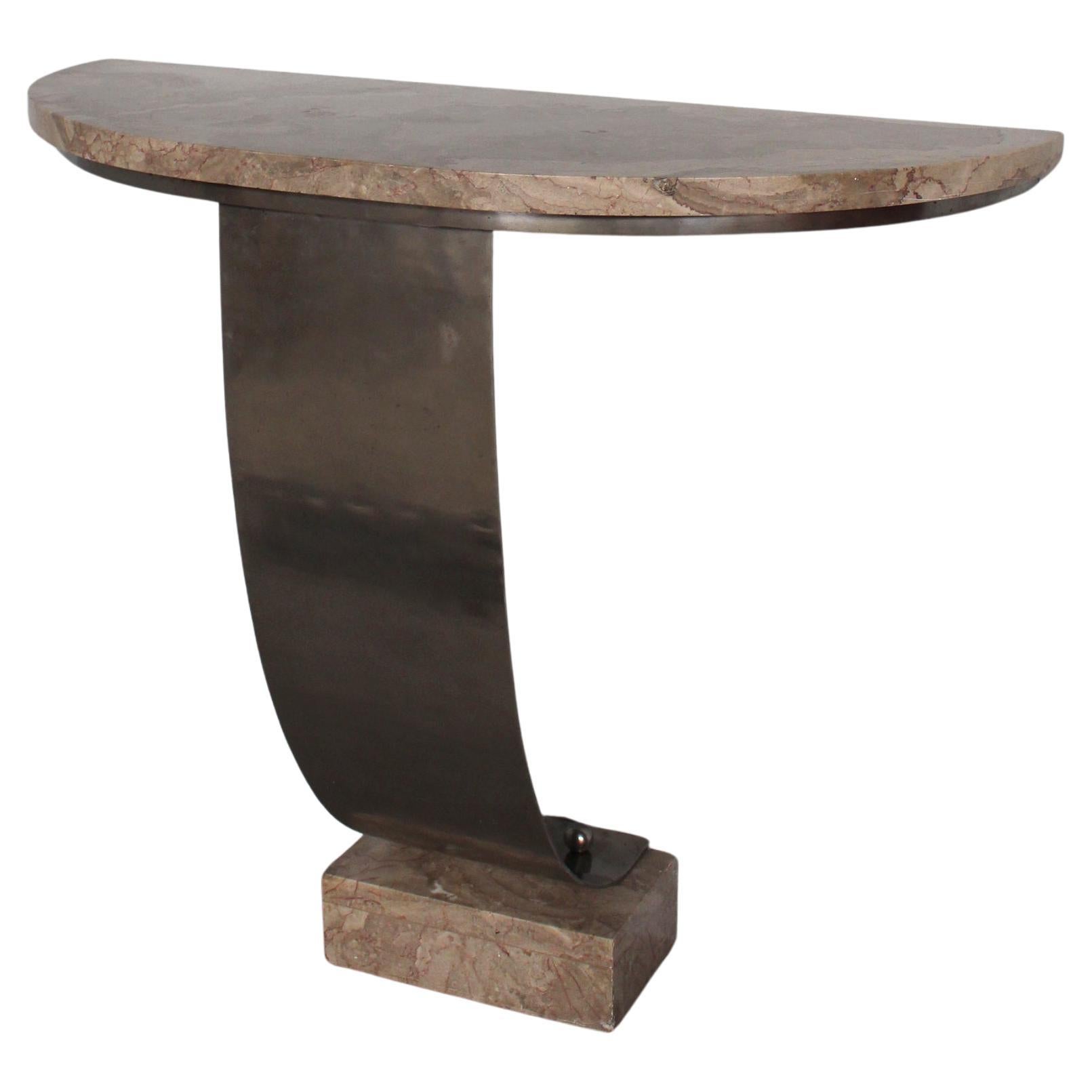 Table console Art déco française en métal martelé et marbre