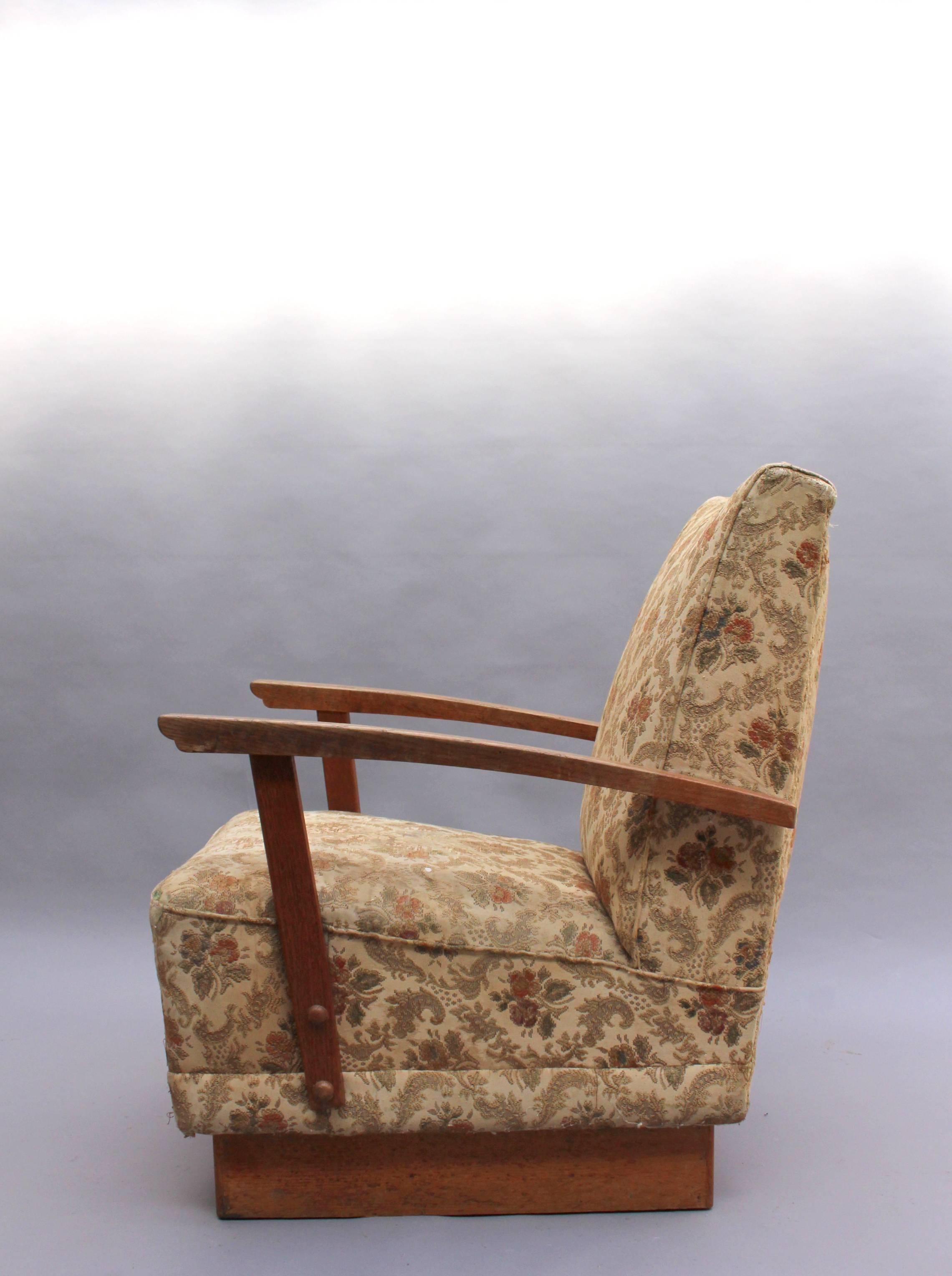 4 Fine French Art Deco Oak Pedestal Lounge Armchairs For Sale 2