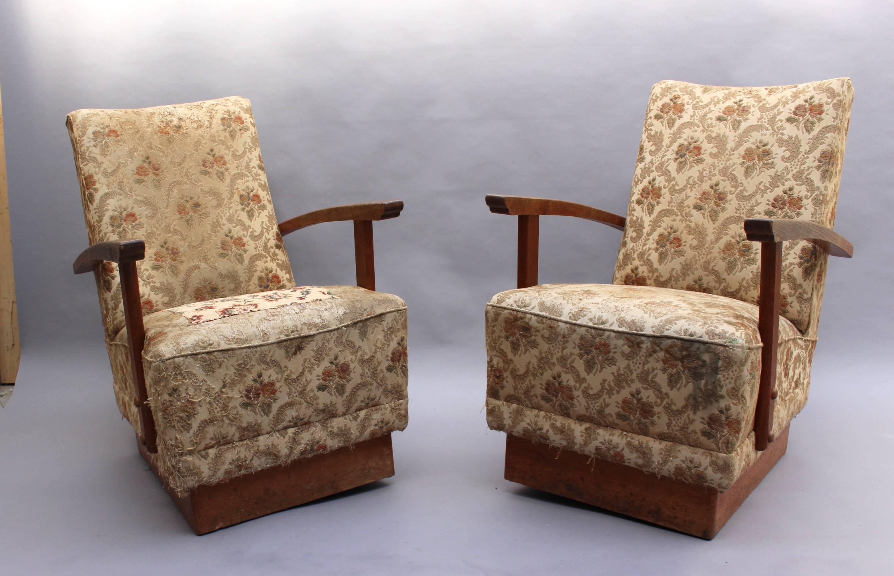4 Fine French Art Deco Oak Pedestal Lounge Armchairs For Sale 4