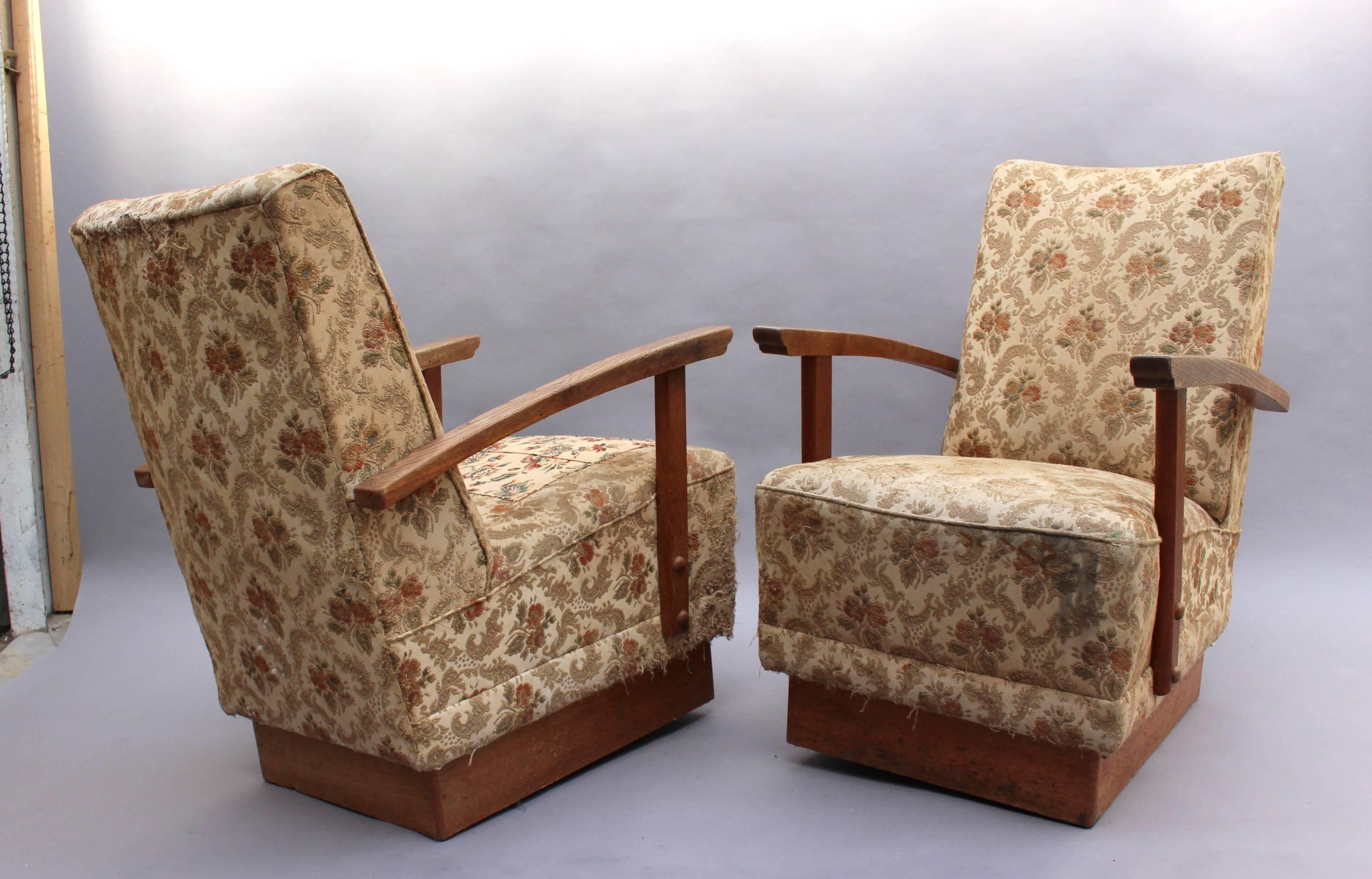 4 Fine French Art Deco Oak Pedestal Lounge Armchairs For Sale 5