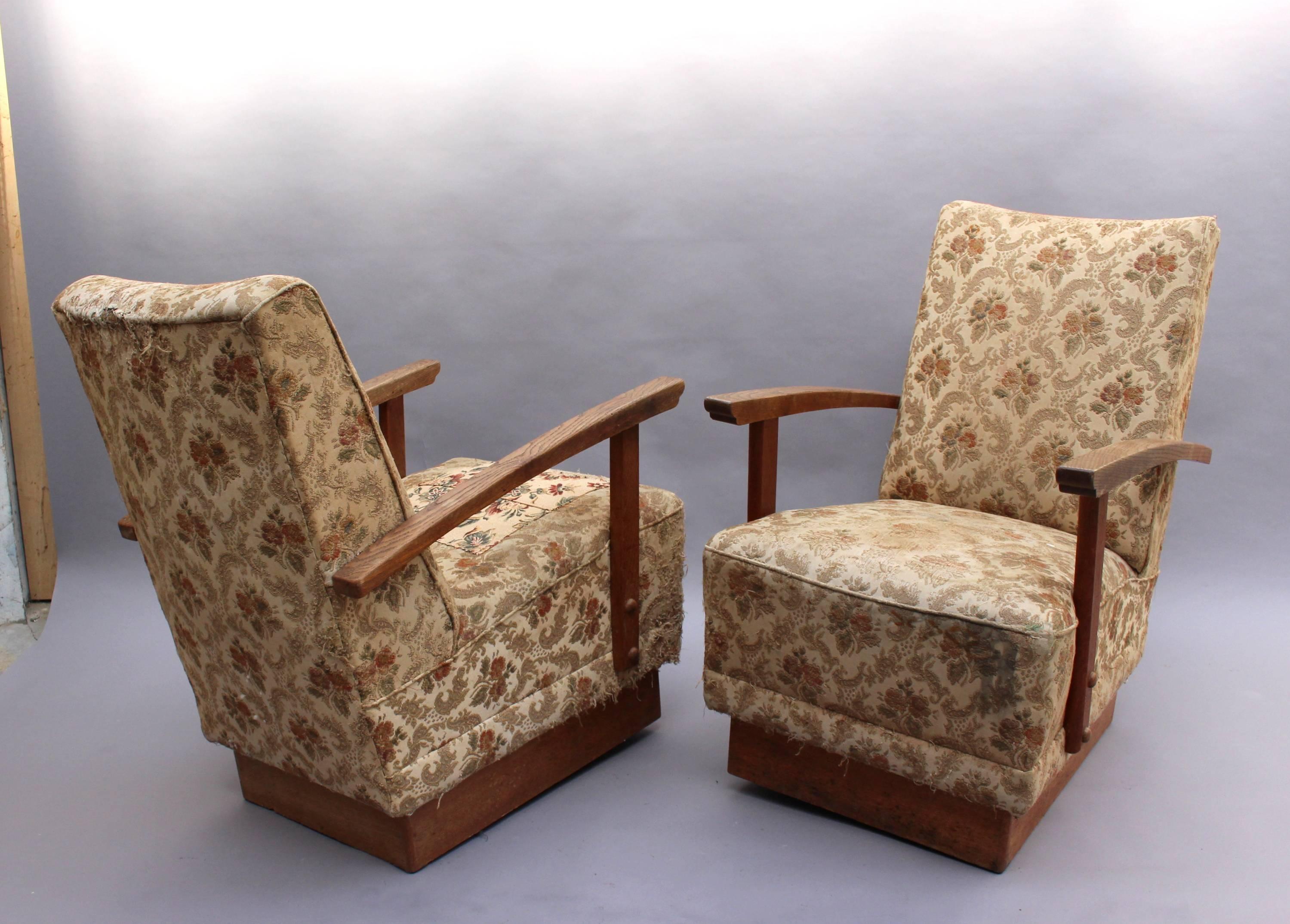 4 Fine French Art Deco Oak Pedestal Lounge Armchairs For Sale 6