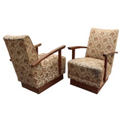 2 Fine French Art Deco Oak Pedestal Lounge Armchairs