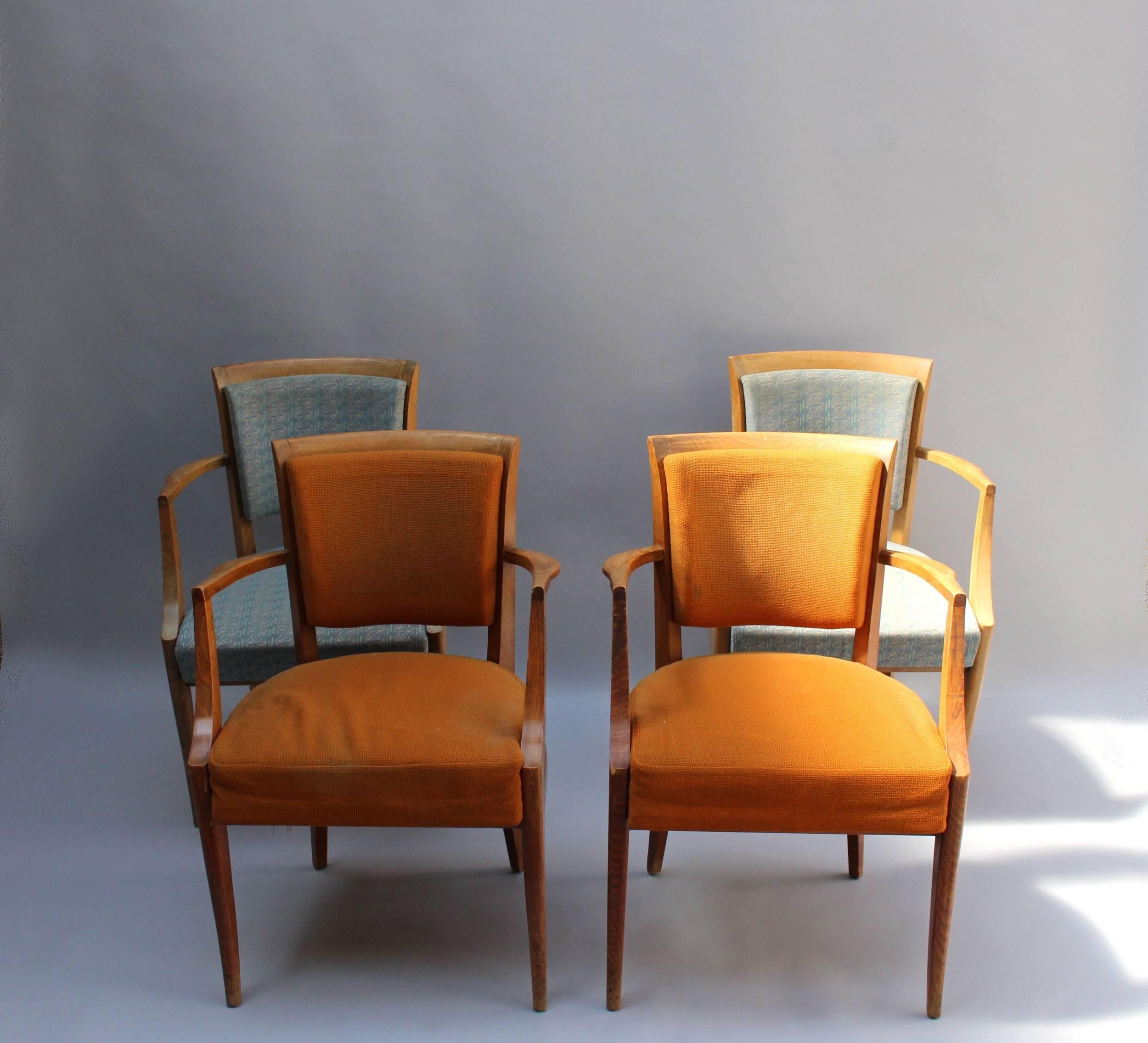 Two pair of fine  French Art Deco beechwood bridge armchairs.
Price is for per pair.