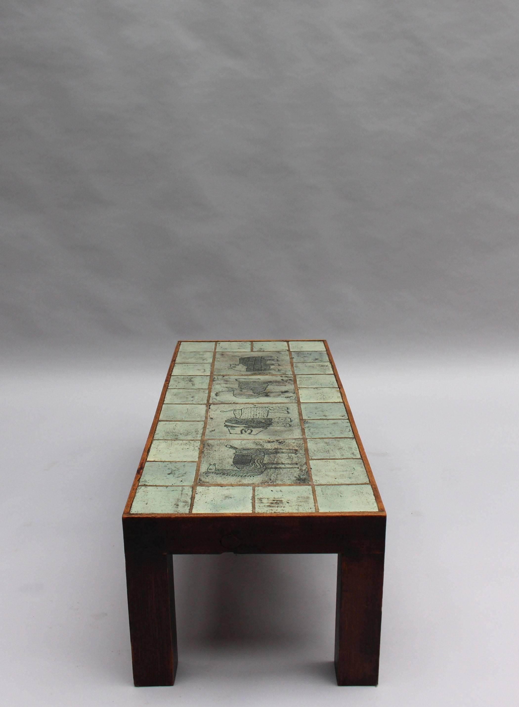 Mid-Century Modern Table basse française raffinée du milieu du siècle dernier avec plateau en céramique de Jacques Blin en vente