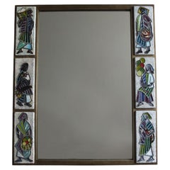 A Fine French 1960s Brass and Ceramic Framed Mirror by Scaillon
