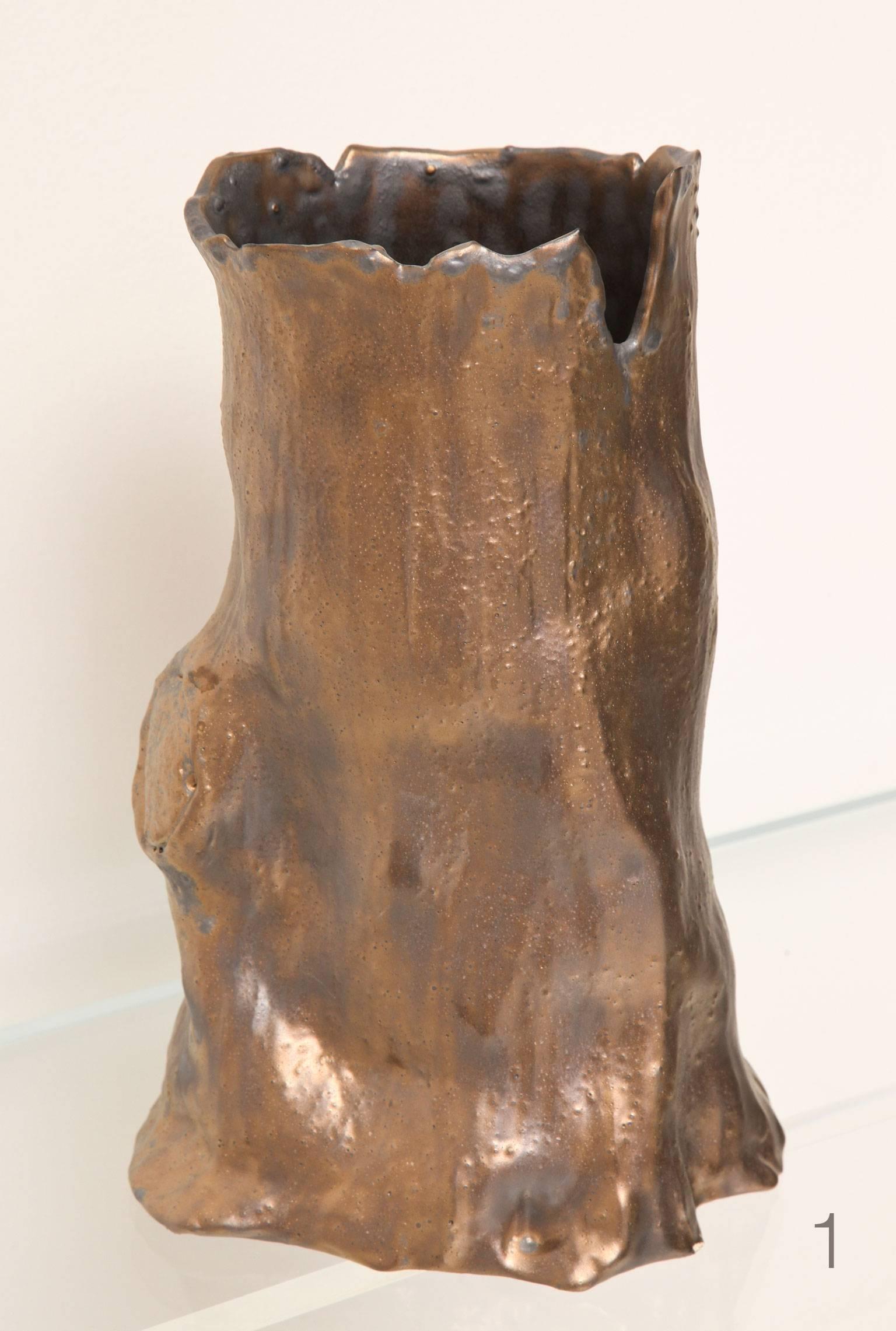 American Loie Acevedo Faux-Bois Ceramic Vases in Bronze