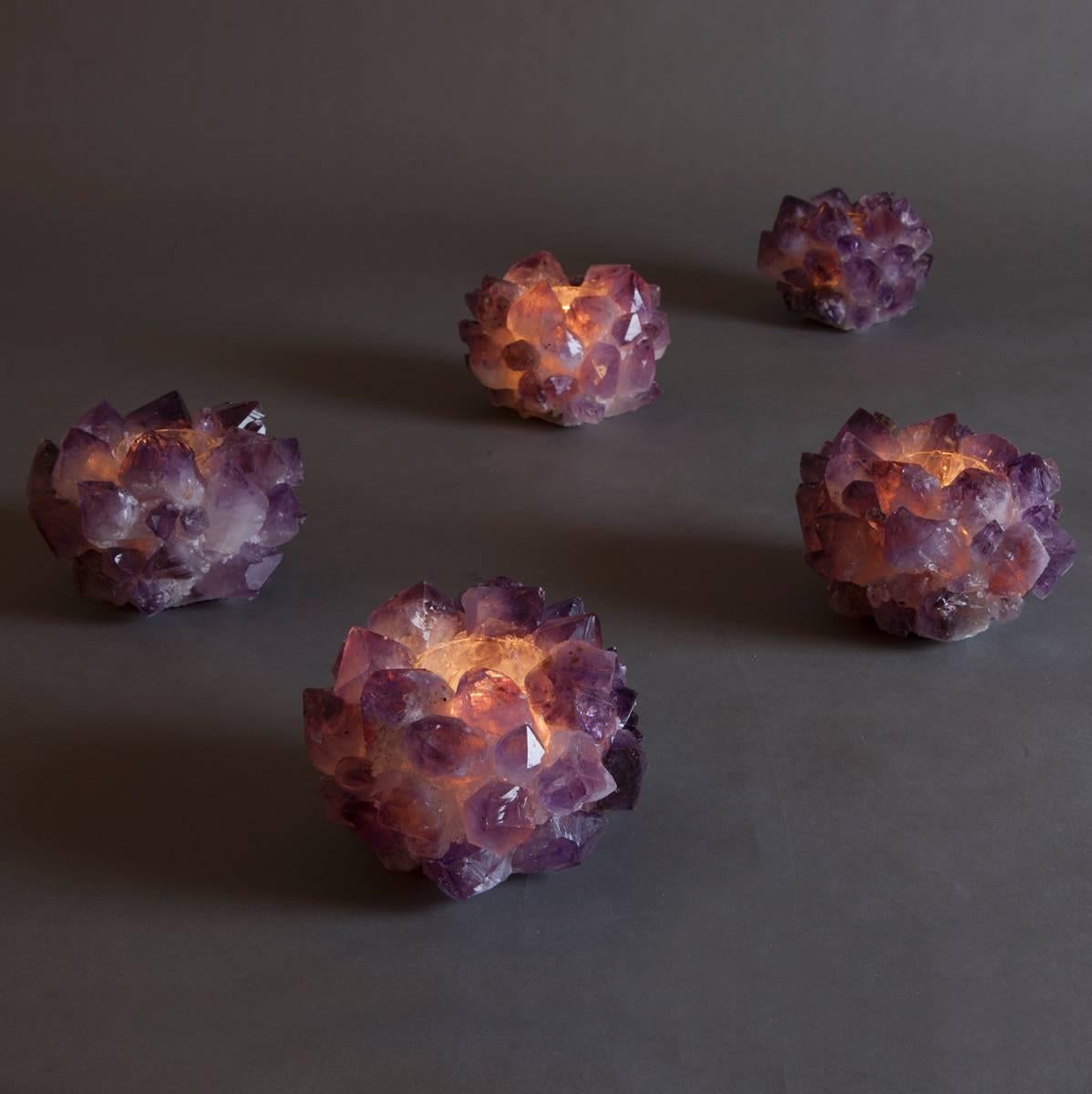 Amethyst candleholders made expressly for Liz O'Brien.
Handcrafted with large pieces of natural amethyst crystal. Beautiful singly or as a group on dining tables or larger arrangements.