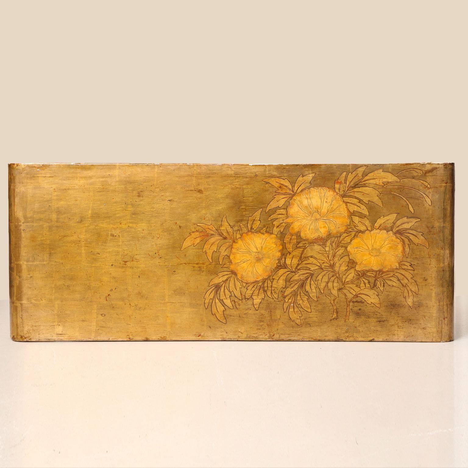 MAX KUEHNE (1880-1968)
Low rectangular waterfall table with 
gilded and incised gesso floral painted decoration.
Signed: Max Kuehne
American, c. 1935
