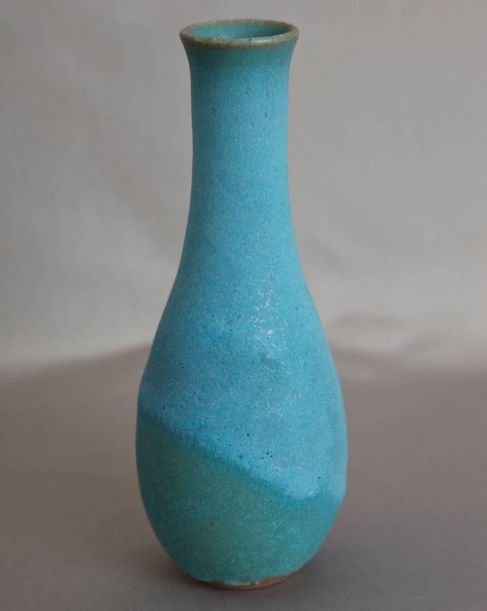 Sandra Zeenni.
“Turquoise Phimp”, 2014.
Small stoneware vessel with matte turquoise glaze.
Signed SaZe.

Based in Paris, Sandra's work has been included in museum exhibitions, recently 