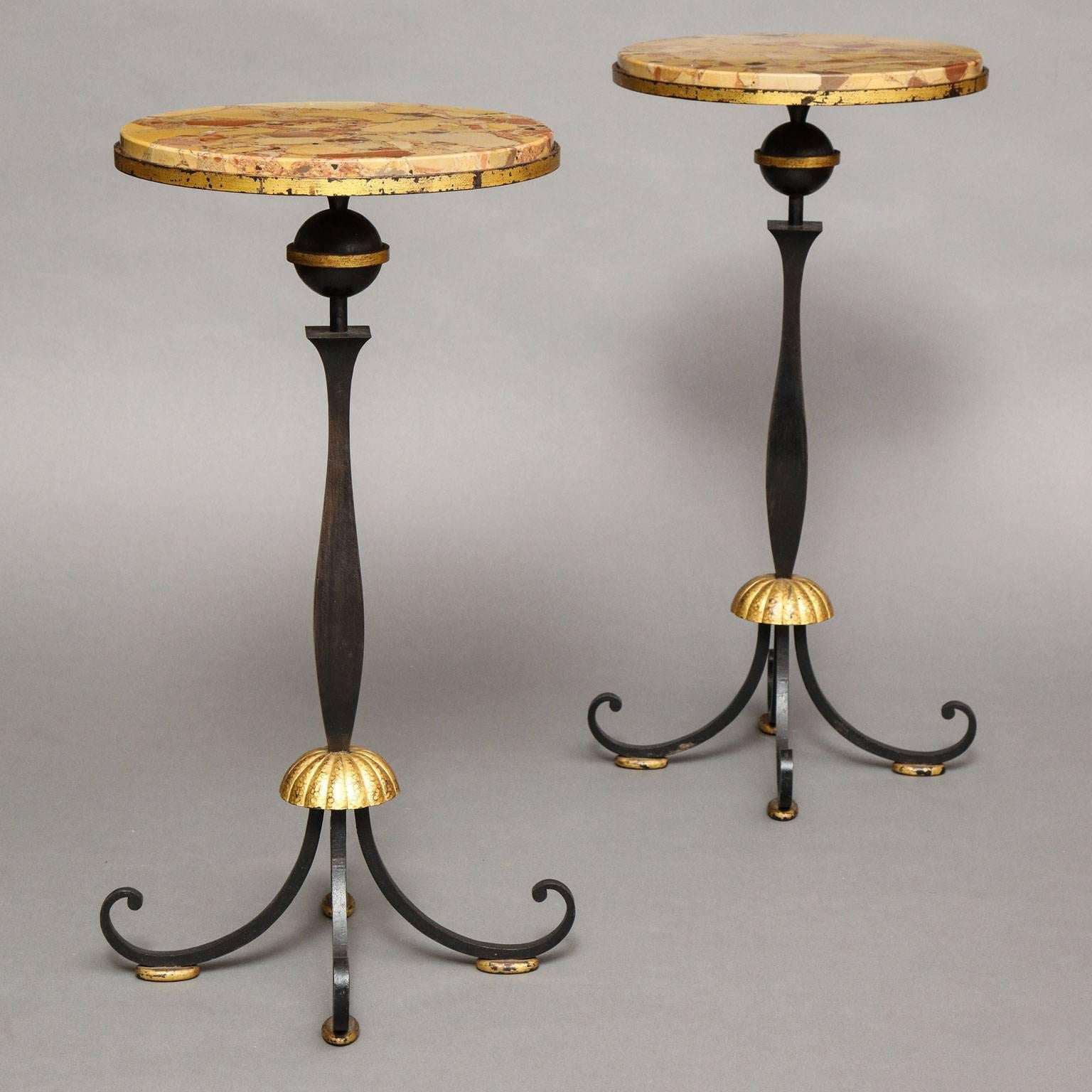 Gilbert Poillerat (1902-1988)
Pair of occasional tables in wrought iron and patinated gold leaf, with Breche d’Alep marble tops. Marble in shades of ochre, salmon, terracotta and mustard.
French, circa 1945

Documentation
François Baudot, Karl