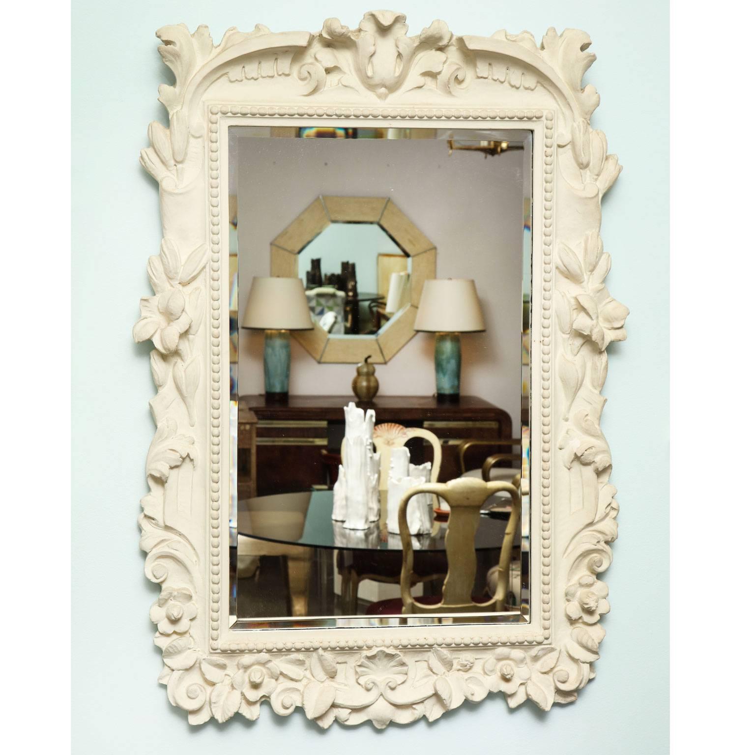 Frances Elkins (1888-1953)
Plaster mirror in cream painted finish with flowers and
shell motifs and beaded trim. Together with a pair of cast plaster dolphins.
American, circa 1940  

Provenance: 
Estate of Frances Elkins’ daughter Katherine
