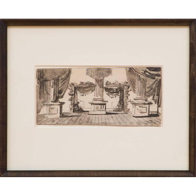 Eugene Berman (1899–1972)
An untitled stage design, ink and wash on paper.
French, circa 1950.
Signed lower right: EB.