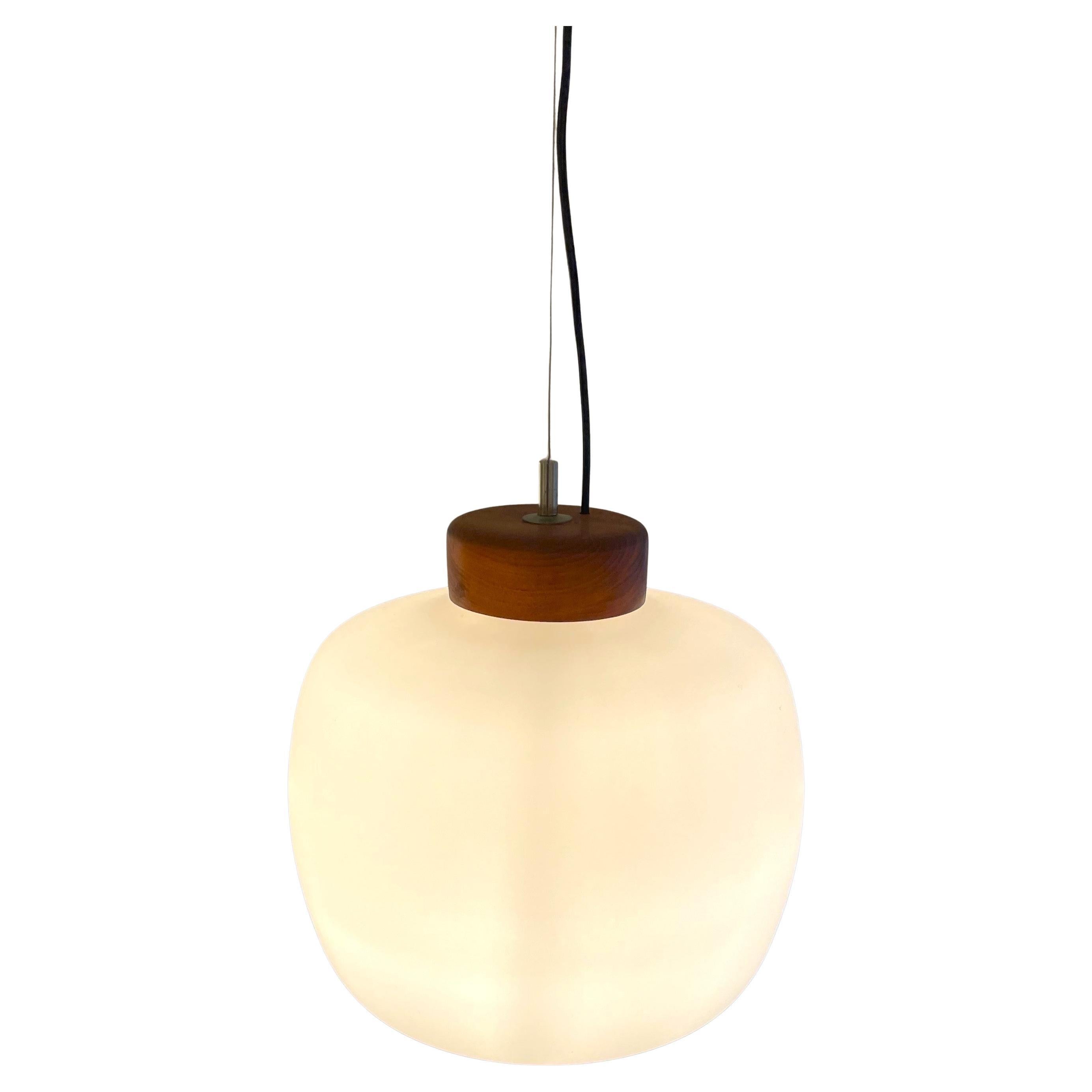 Une délicieuse suspension avec des composants en verre opale, en acier et en teck, créée par le designer italien Goffredo Reggiani. Il est réglable en hauteur de 70 à 100 cm. Les pièces en teck et en acier soulignent la forme délicate du diffuseur