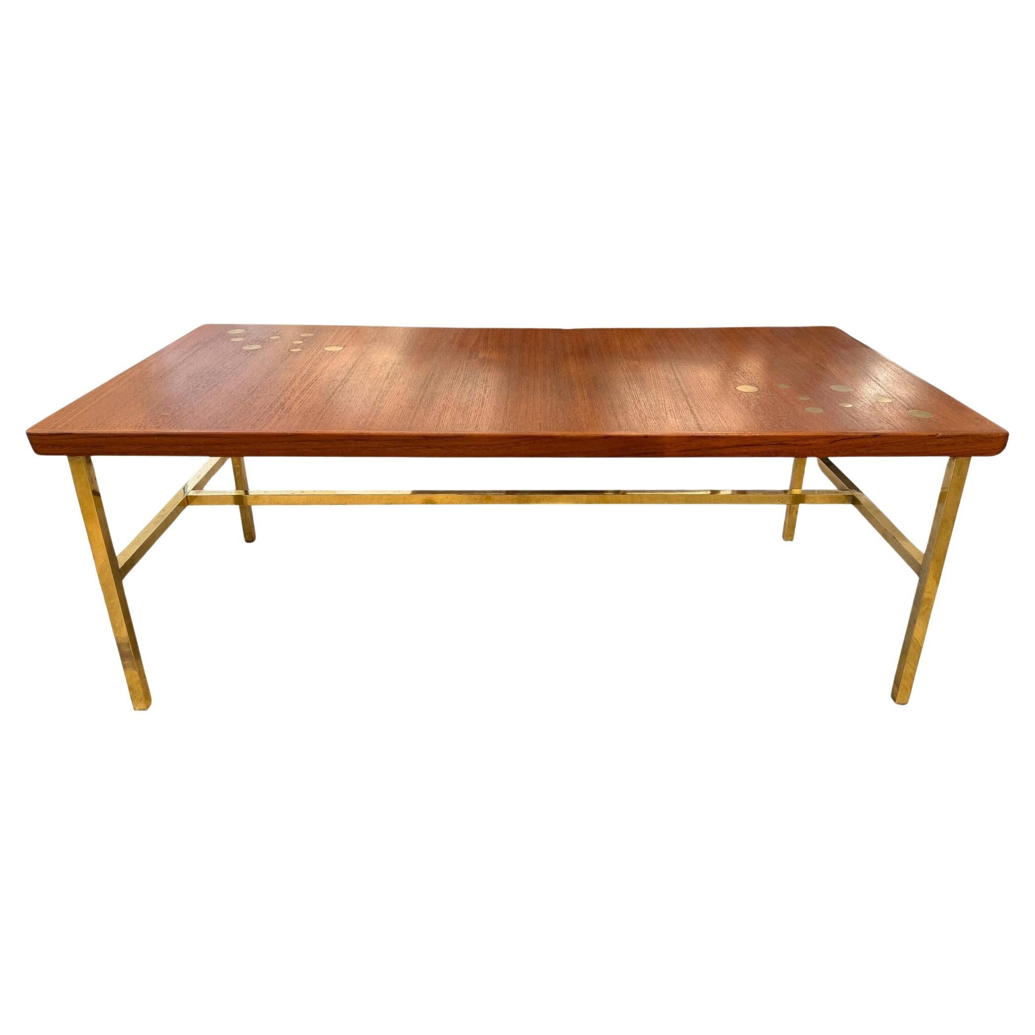Scandinavian teak and brass coffee table For Sale