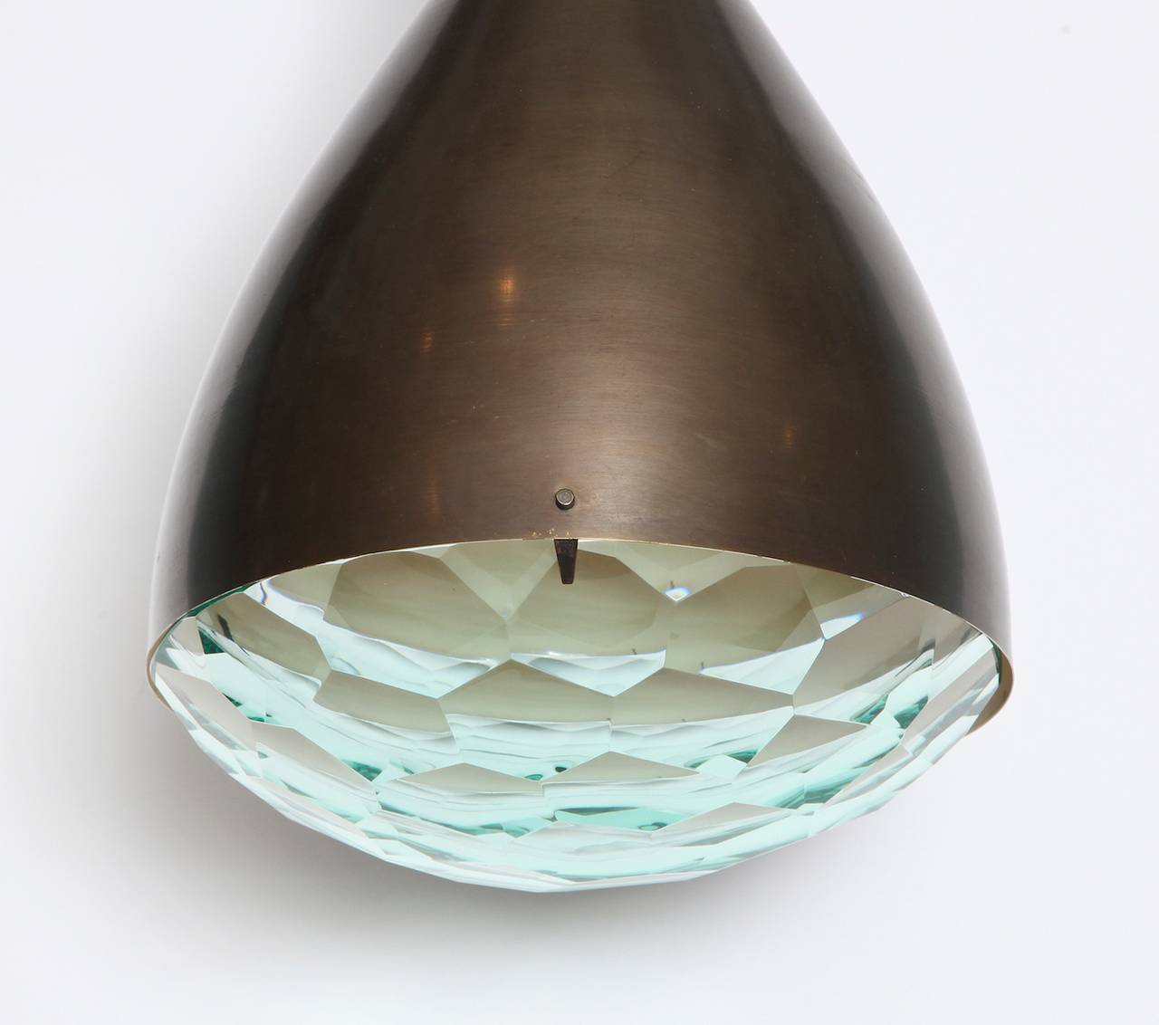 Rare pendant #2220 by Max Ingrand for Fontana Arte. Beautiful brass hanging pendant with dark oxidized finish, white painted interior and large faceted crystal diffuser. Holds one standard size bulb and can take up to 75 watts. Length of drop is