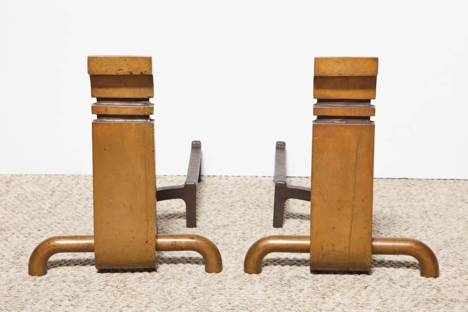 Mid-Century Modern Pair of Bronze Modernist Andirons by Wah Chang