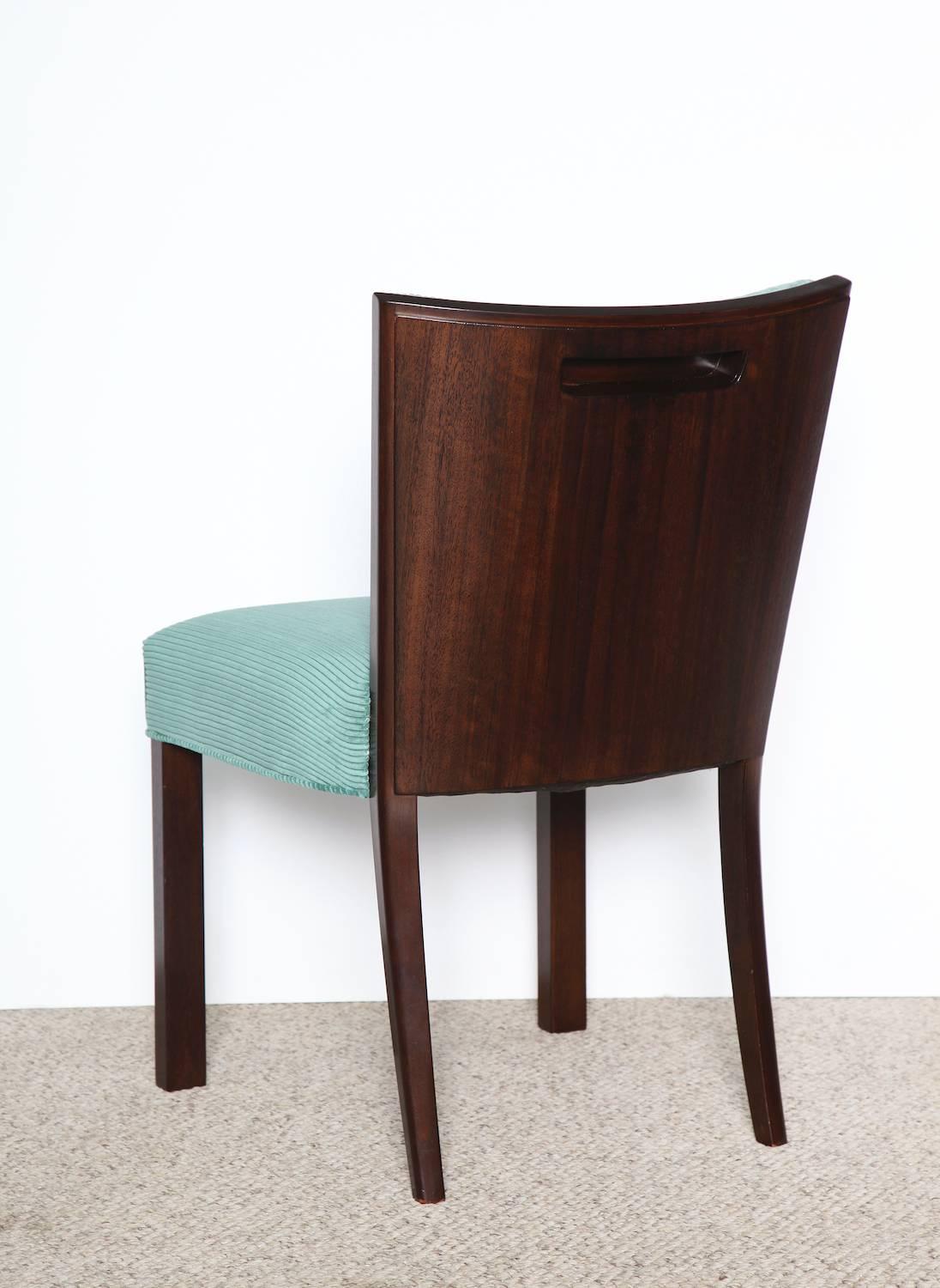 Custom designed pull-up chair by Paul Laszlo.  Dark stained mahogany frame, with recessed grip detail on the back. Upholstered with wide ribbed teal fabric on seat and back.