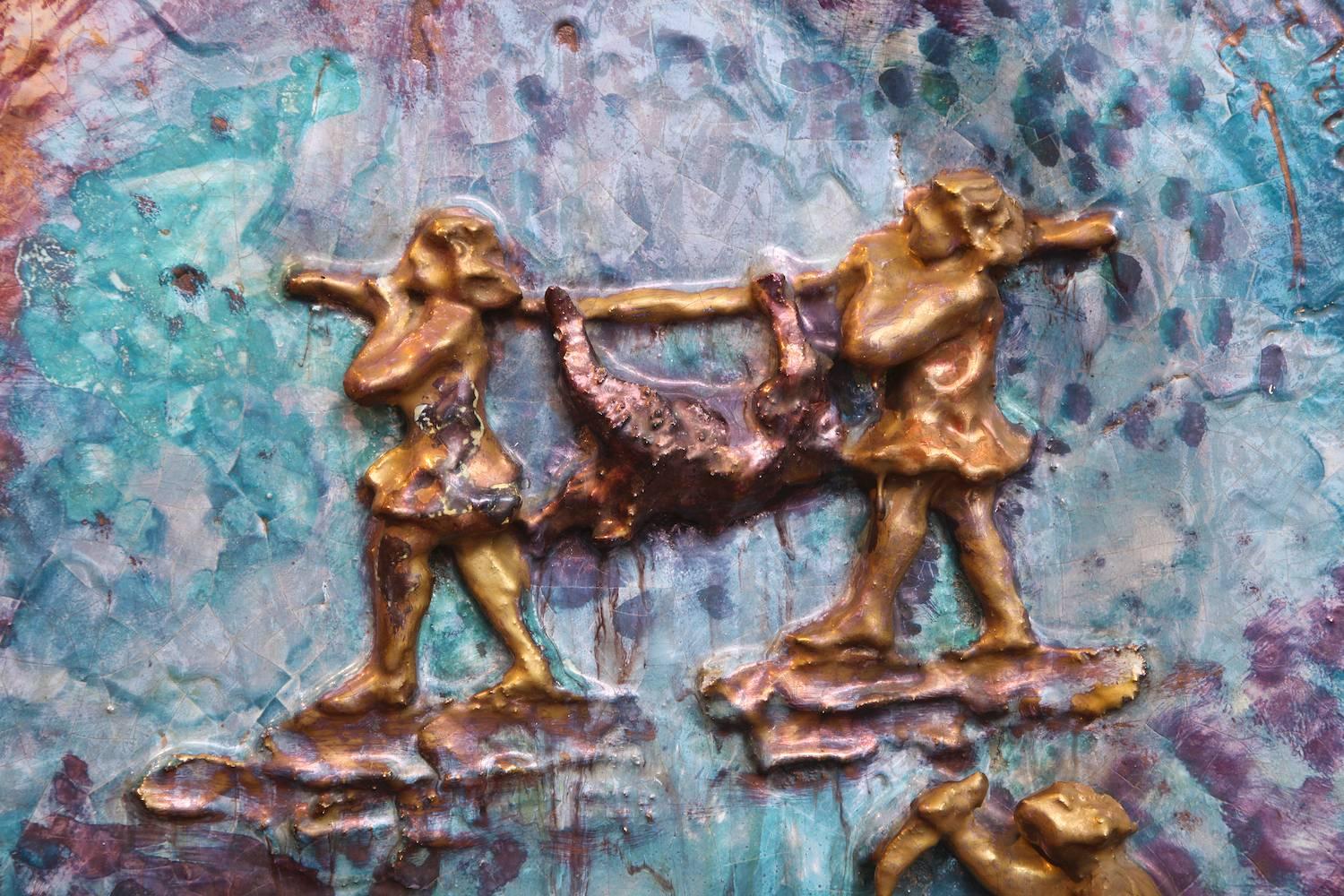 Large-scale, studio-built piece with relief decorations depicting hunting scenes. Luster glazes in tones of gold, turquoise and magenta. Signed on front and back. From the estate of Vincenzo Bertolotti. This piece was created as a gift for