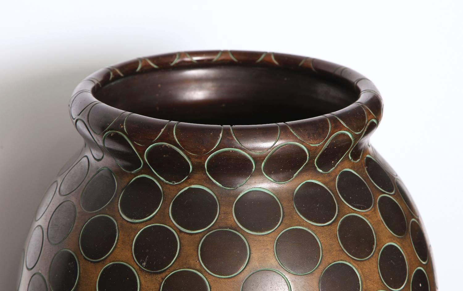 Rare, large-scale vase by Zaccagnini.  Studio-made earthenware vase with brown & green tone glazes and incised circular pattern throughout. Signed on underside. Great scale and decoration. Published: Italian Art Ceramics 1900-1950. V. Terraroli,