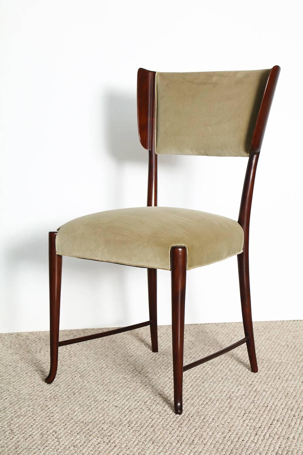 Set of Six Dining Chairs by Paolo Buffa.  Elegant dark mahogany frames with subtle wingback details, cabriole legs and lower stretchers. A rare Buffa model. Cost includes all chairs refinished and upholstered in fabric supplied by client.