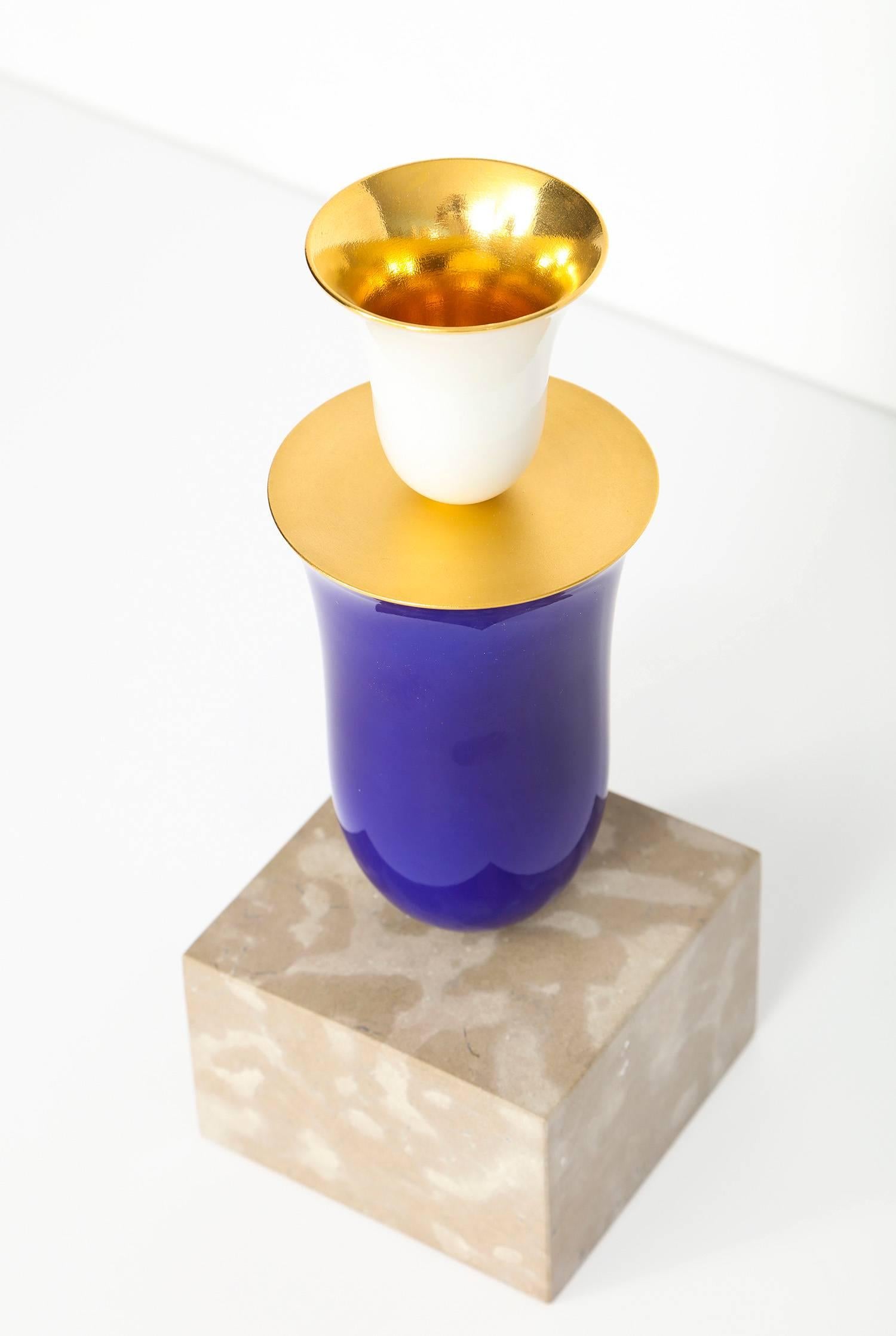 Rare “Laure” vase by Ettore Sottsass for Sevres. From an edition of porcelain creations Sottsass designed for Sevres. Brightly glazed porcelain on a stone pedestal. This model was only in production from 1994-1996. Signed on underside. Excellent