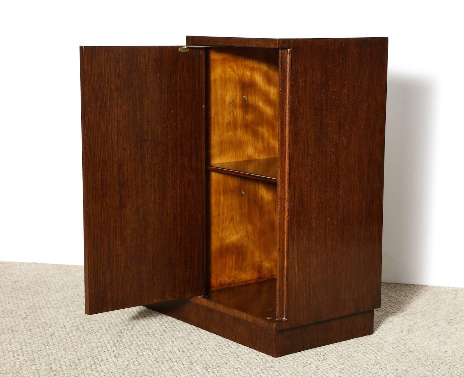 Custom designed by Eugene Schoen and built by Schmieg & Kotzien Cabinet Makers. English bog oak with open and concealed storage. This piece was designed for the Morris & Gwendolyn Cafritz Home in Washington DC. Stamped E.S. & S.K.