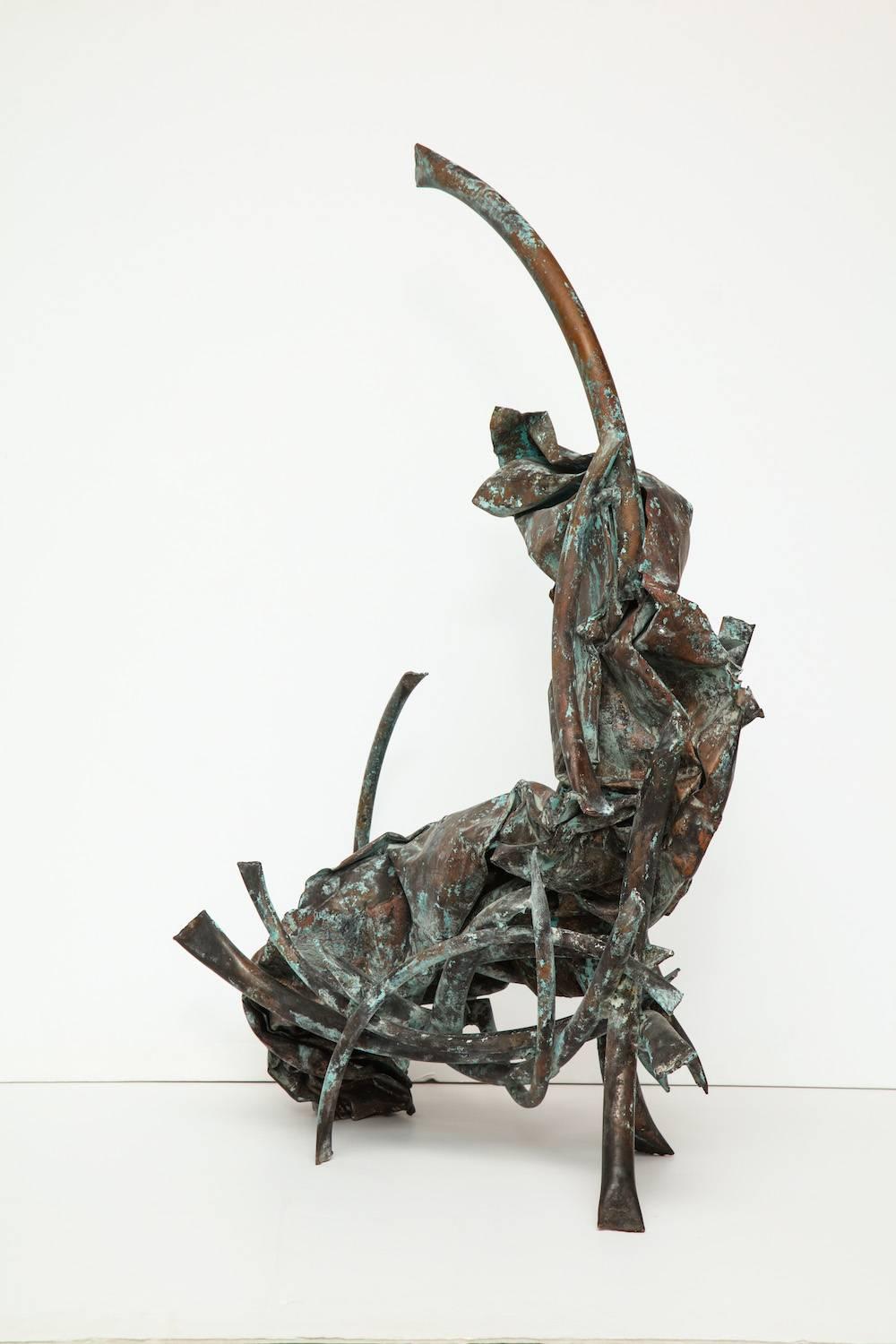 Claire Falkenstein untitled sculpture. Large-scale piece of welded sheet copper and copper tubing, with applied patina. Most likely executed around the time Falkenstein created the large-scale "Three Fires" sculpture for the Fresno Mall,
