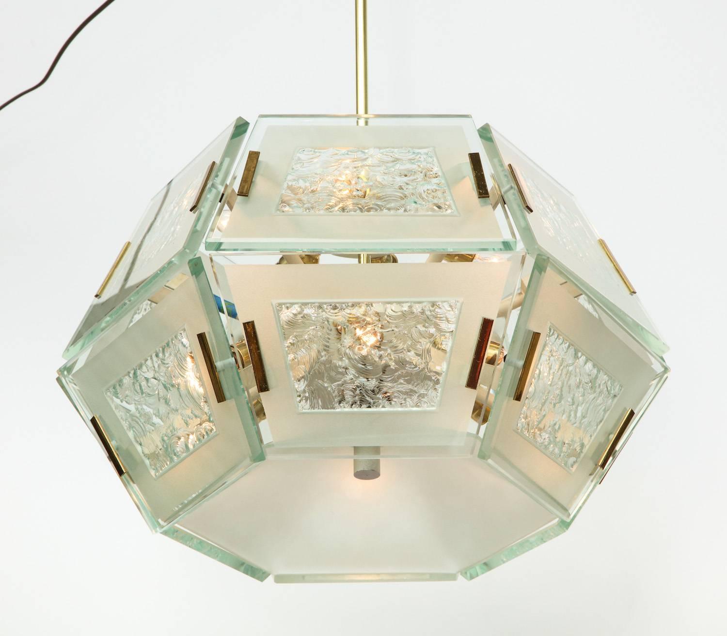 Rare hanging light no. 2362, rare hanging light by Max Ingrand for Fontana Arte. Hexagonal form comprised of thick, hand-cut glass tiles with acid-etched faces and chipped centres. Twelve candelabra sockets, white-painted metal interior and polished