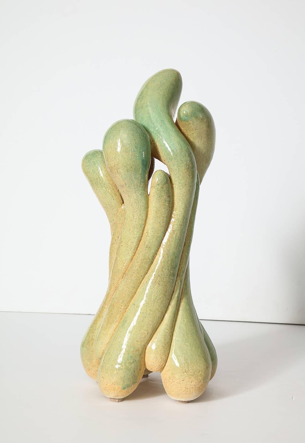 Studio-built stoneware form with pale green glaze. Artist-signed and dated on underside.
  