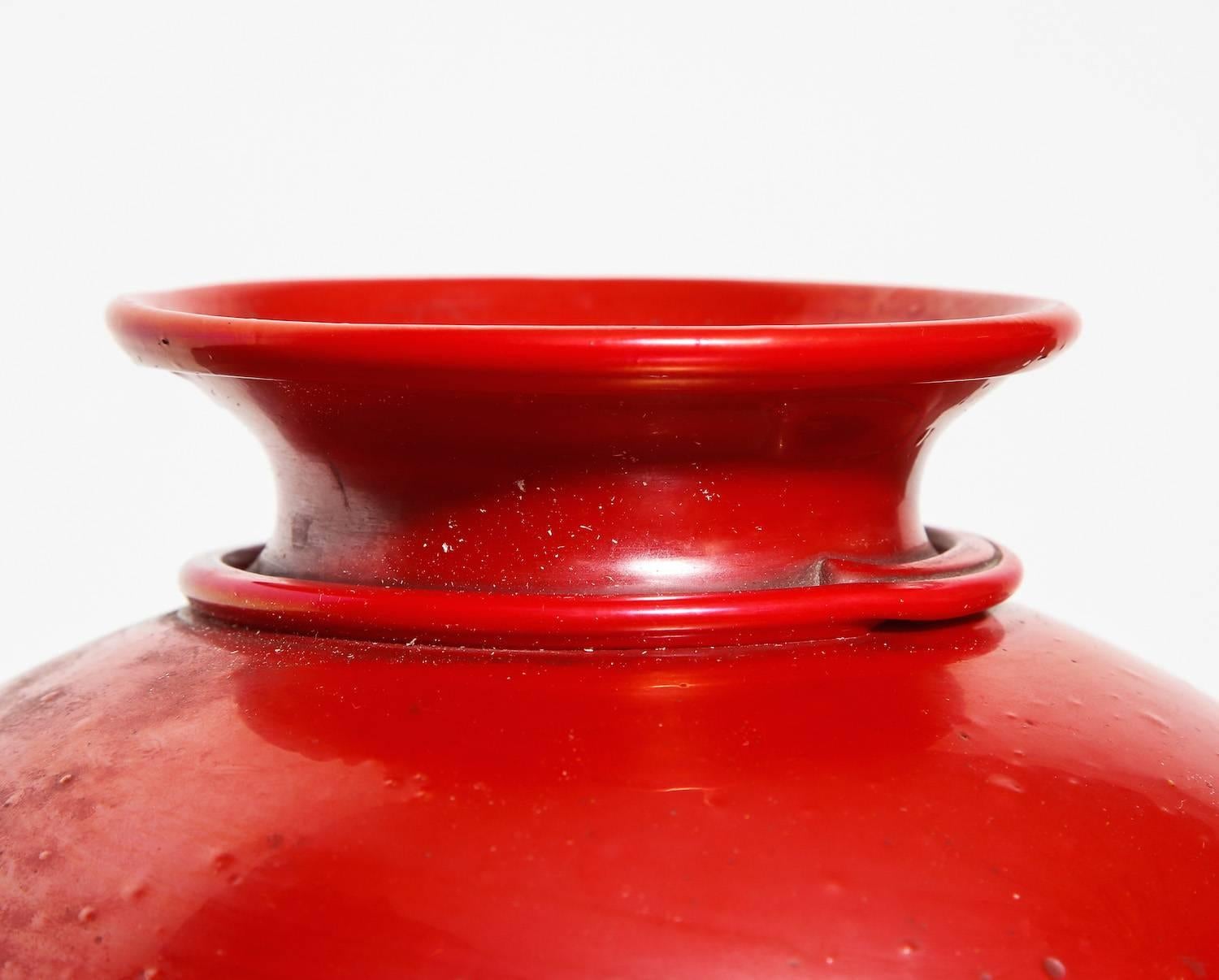 Rare “Pasta Vitrea“ vase by Carlo Scarpa, circa 1930s, retailed by Compagnia Venezia Murano, with the firm's acid stamp - CVM“ with crown emblem.  Rare, early vase created by one of the most celebrated designers of Murano glass. Opaque red “pasta“