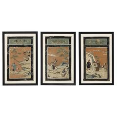 Set of Three Chinese Hand-Painted Silk Collage Panels 10