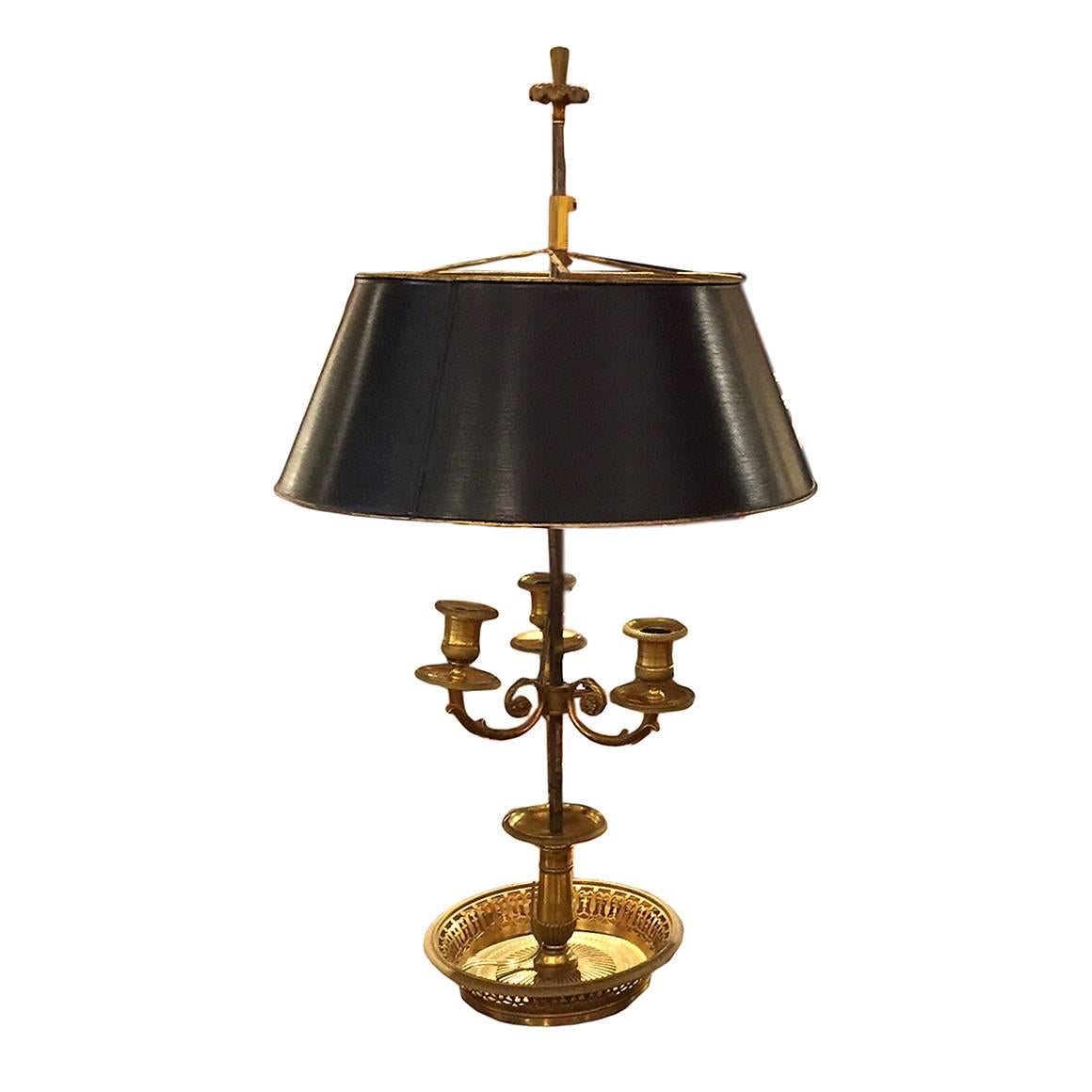 French Bouillotte Lamp with a Dark Green Tole Shade, Electrified