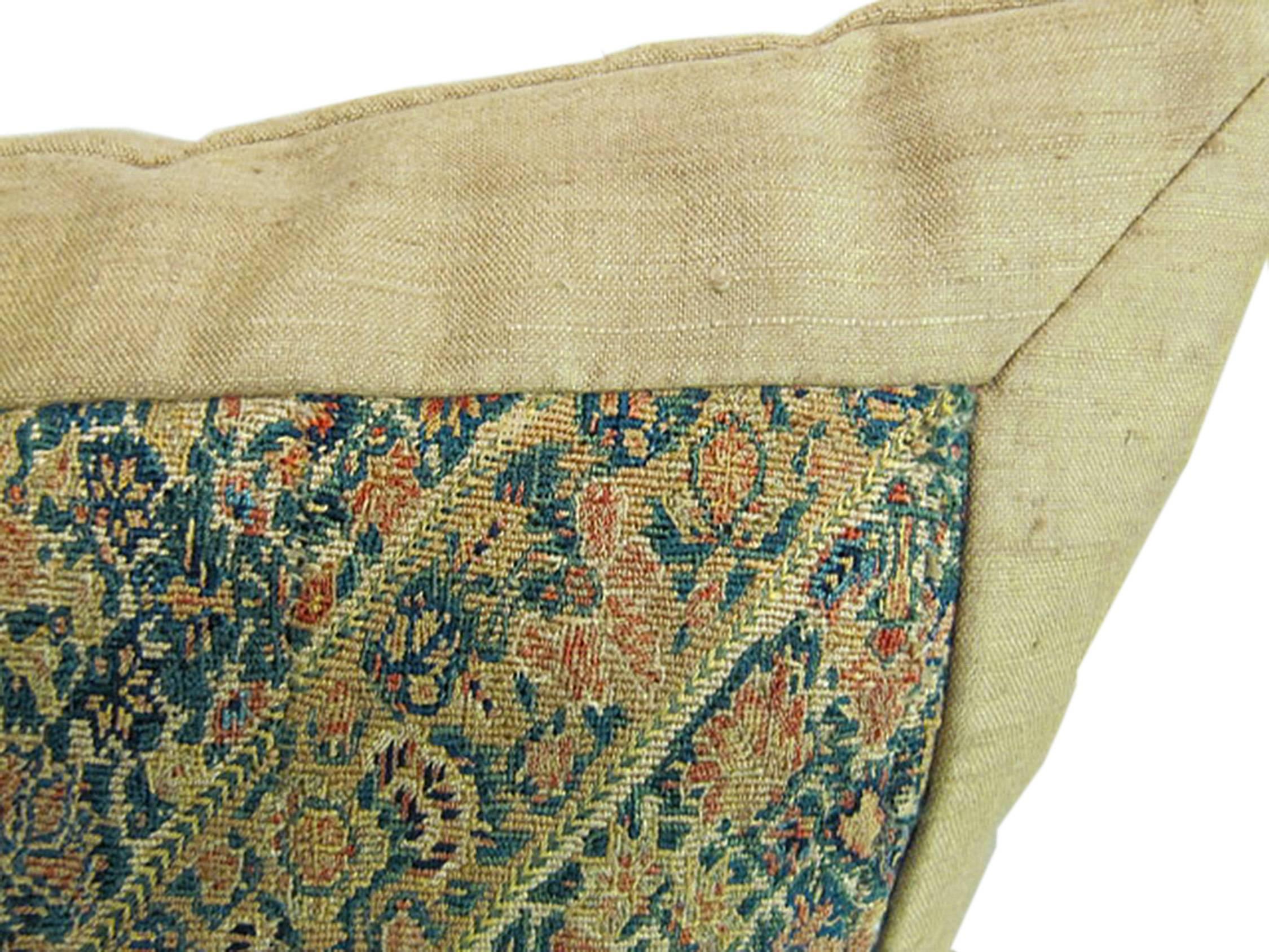 American Handmade Silk Pillow with 18th Century Persian Embroidered Panel For Sale