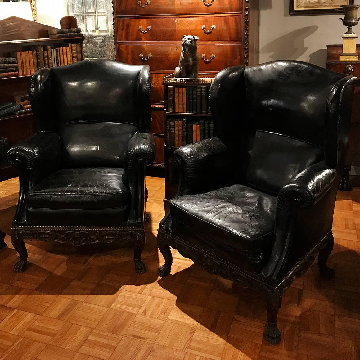 High Victorian Pair of 19th Century Black Leather Wing Back Armchairs