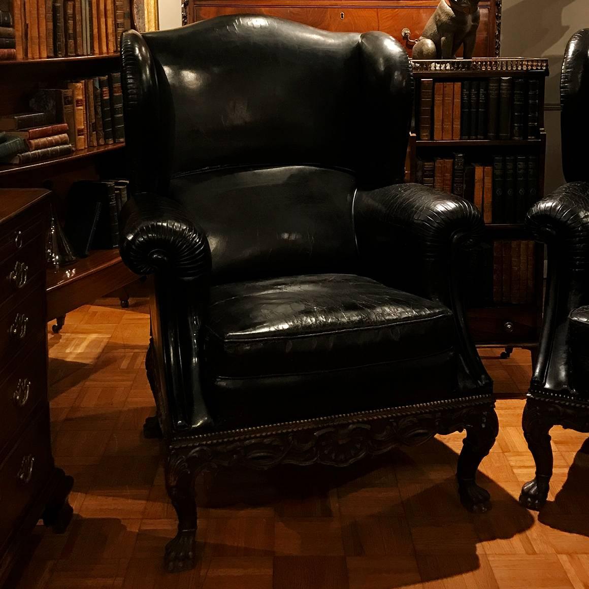Irish Pair of 19th Century Black Leather Wing Back Armchairs