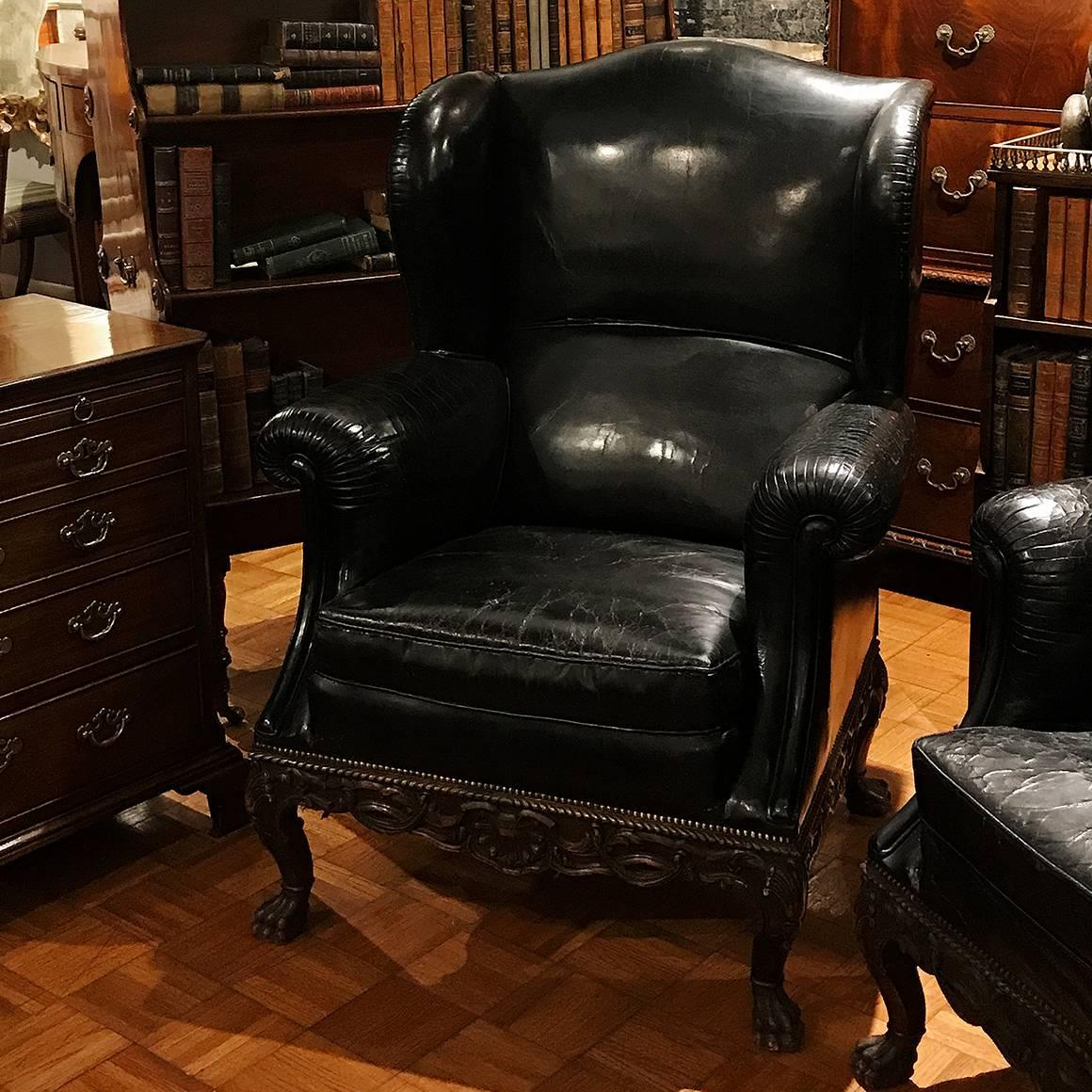 Pair of 19th Century Black Leather Wing Back Armchairs In Good Condition In New York, NY
